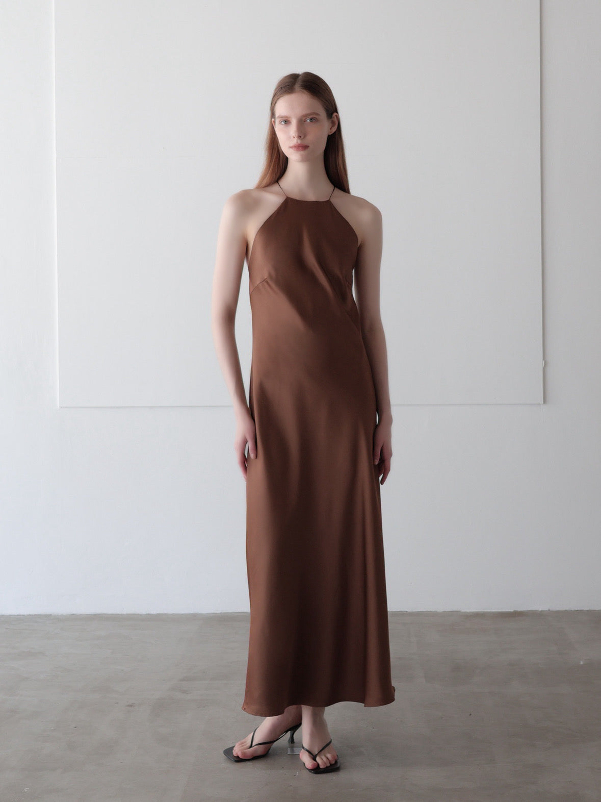 satin halter open back dress