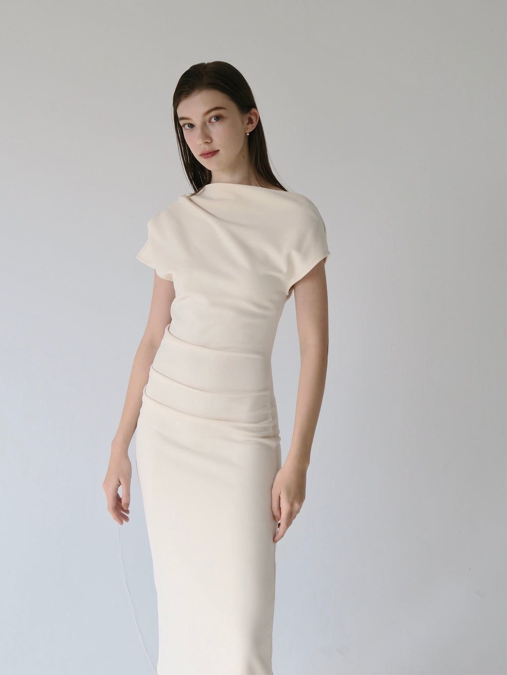 Asymmetrical Off-the-shoulder Draped Floral Satin Maxi