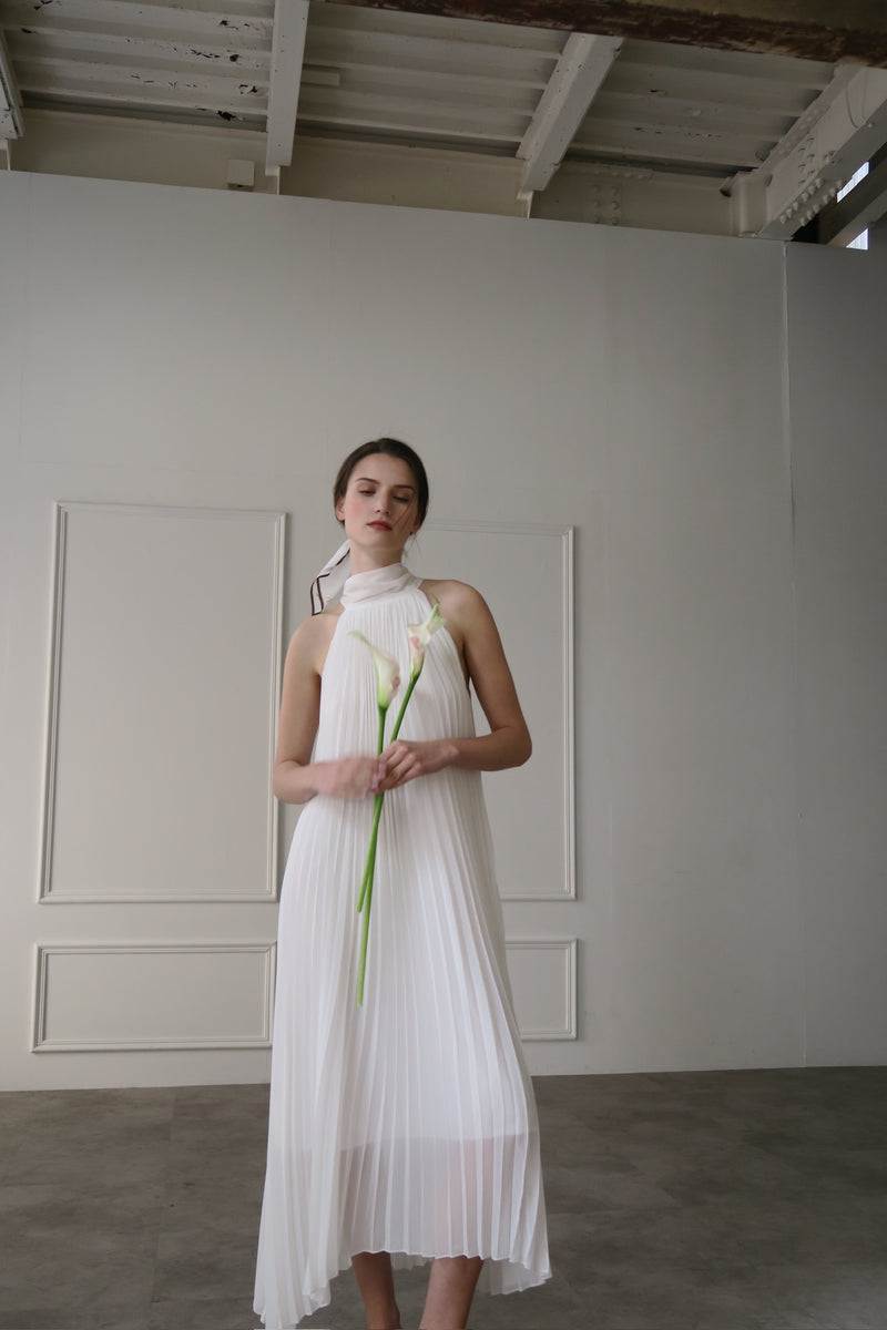 pleated halter maxi dress