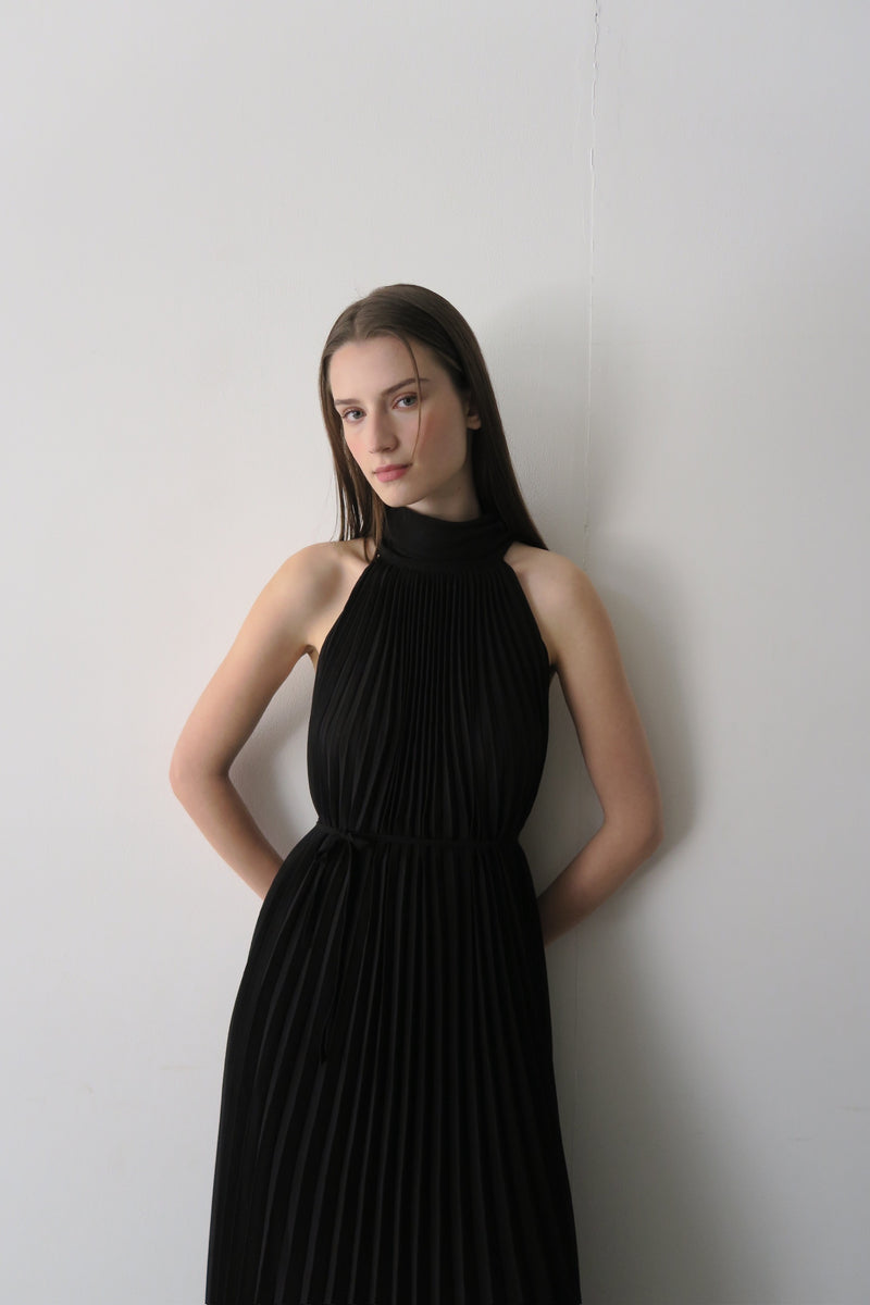 pleated halter maxi dress