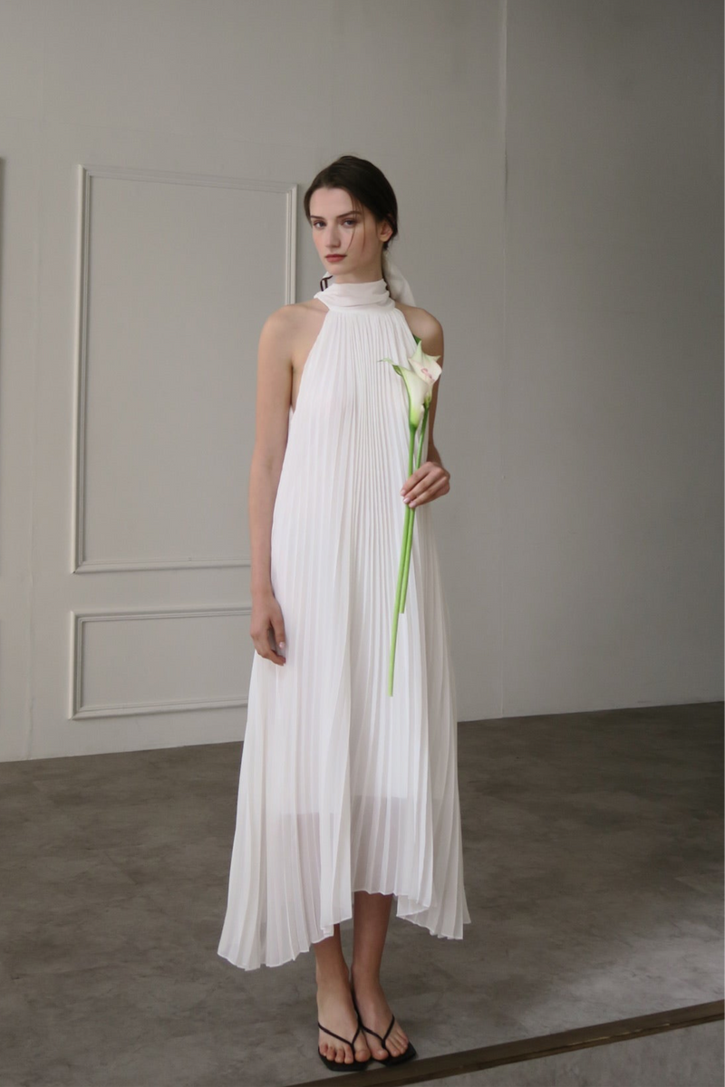 pleated halter maxi dress