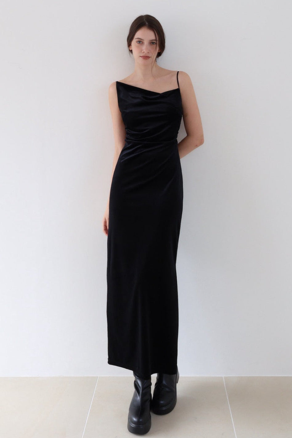 velour asymmetry drape cami dress