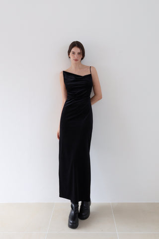 velour asymmetry drape cami dress – célon