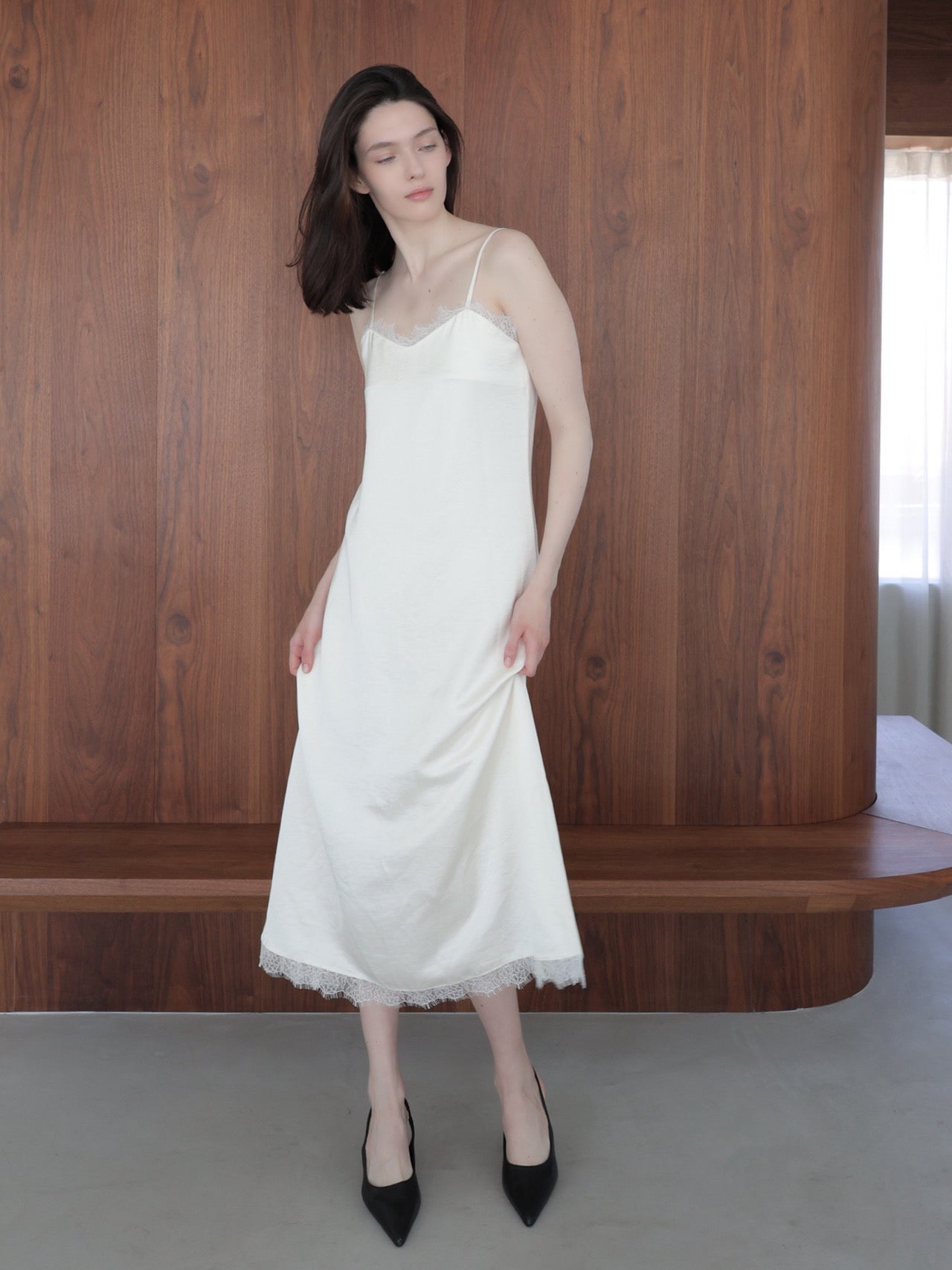 lace satin cami long dress