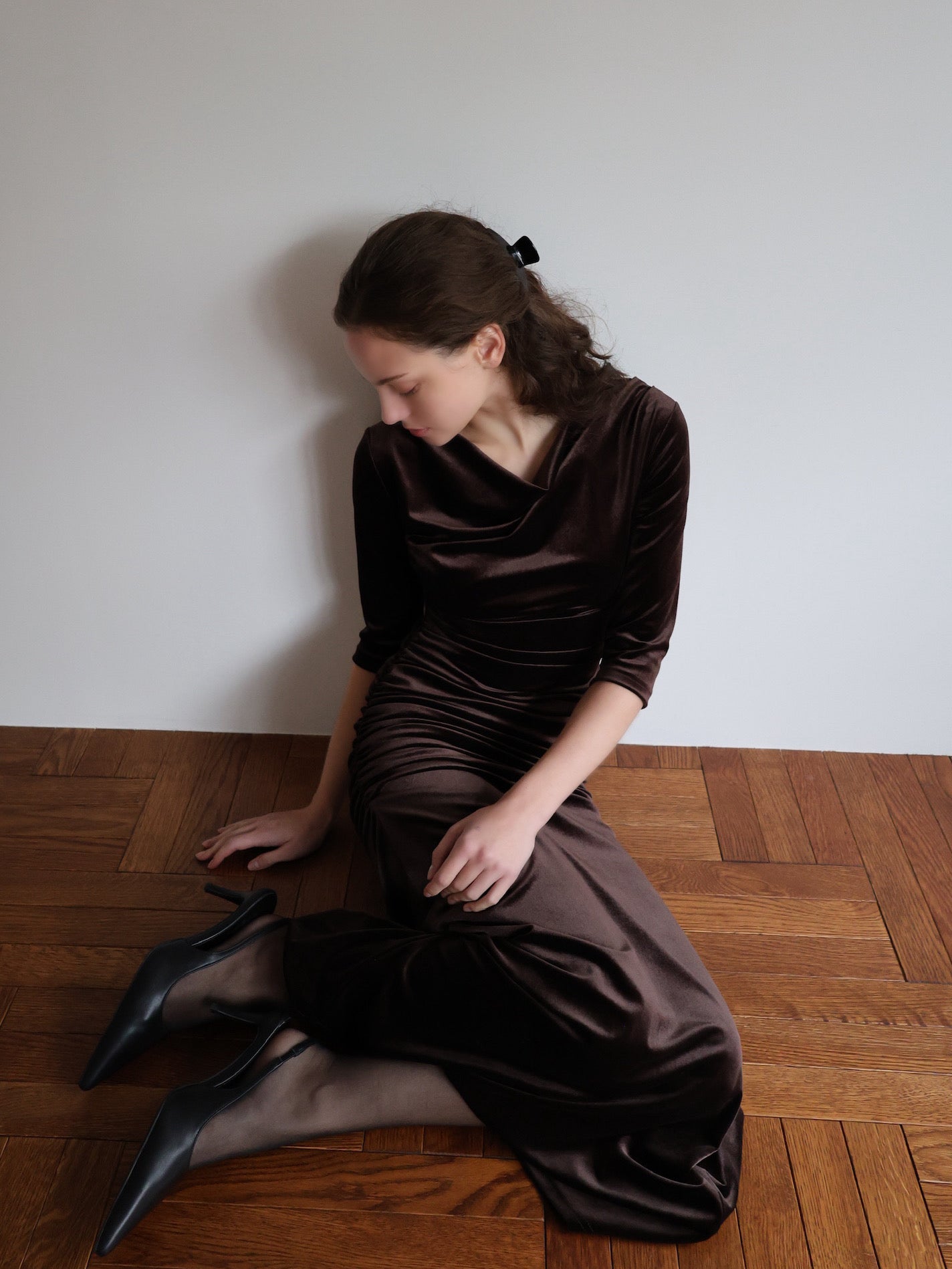 ワンピース maison celon shirring drape velour dress shirring drape velour dress – célon