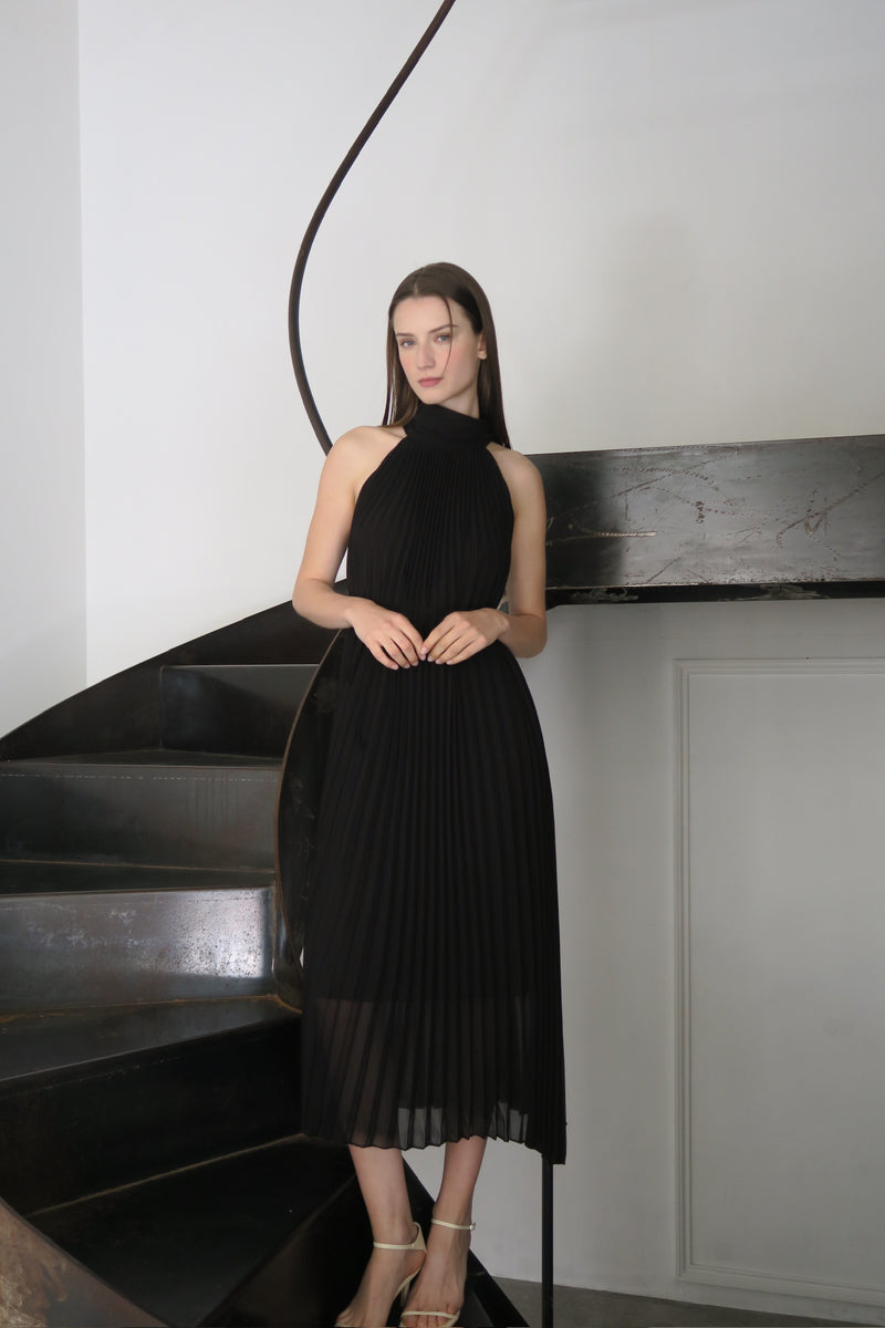 pleated halter maxi dress