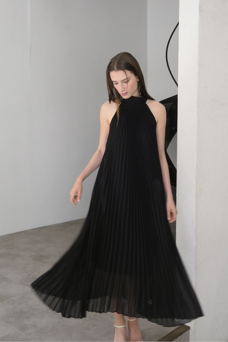 pleated halter maxi dress