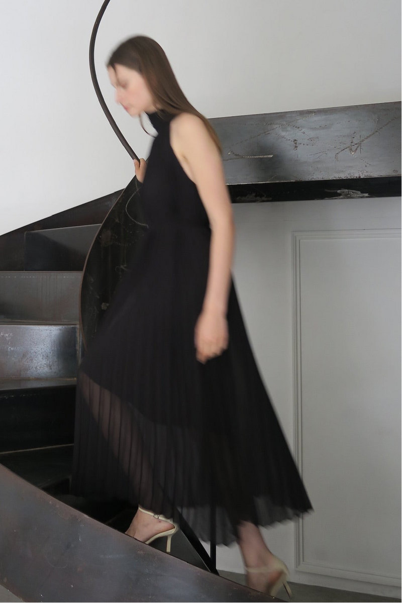 pleated halter maxi dress