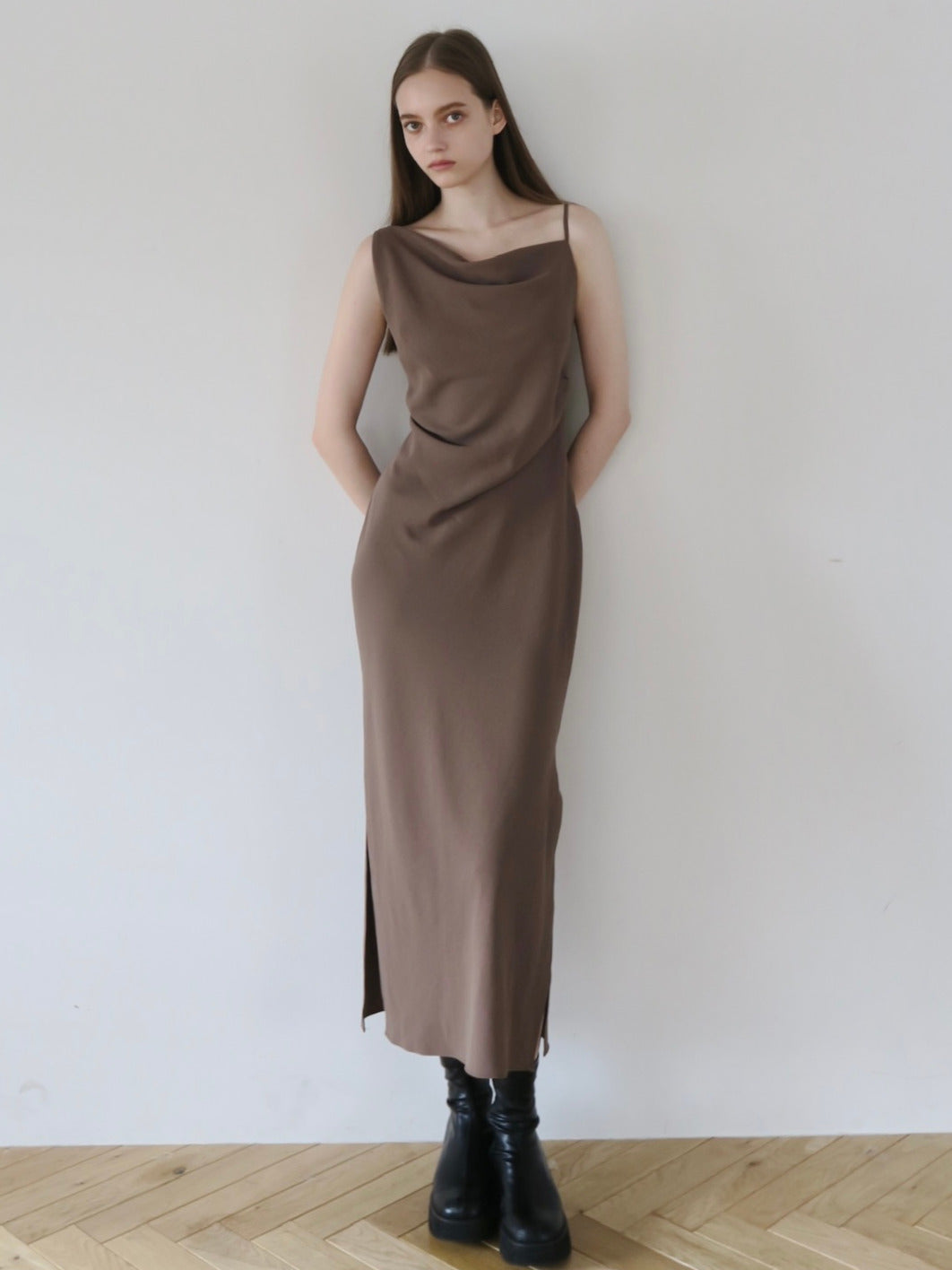 asymmetry drape cami dress – célon