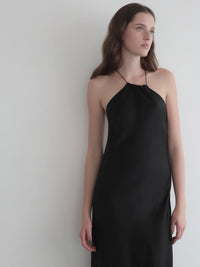 satin halter open back dress