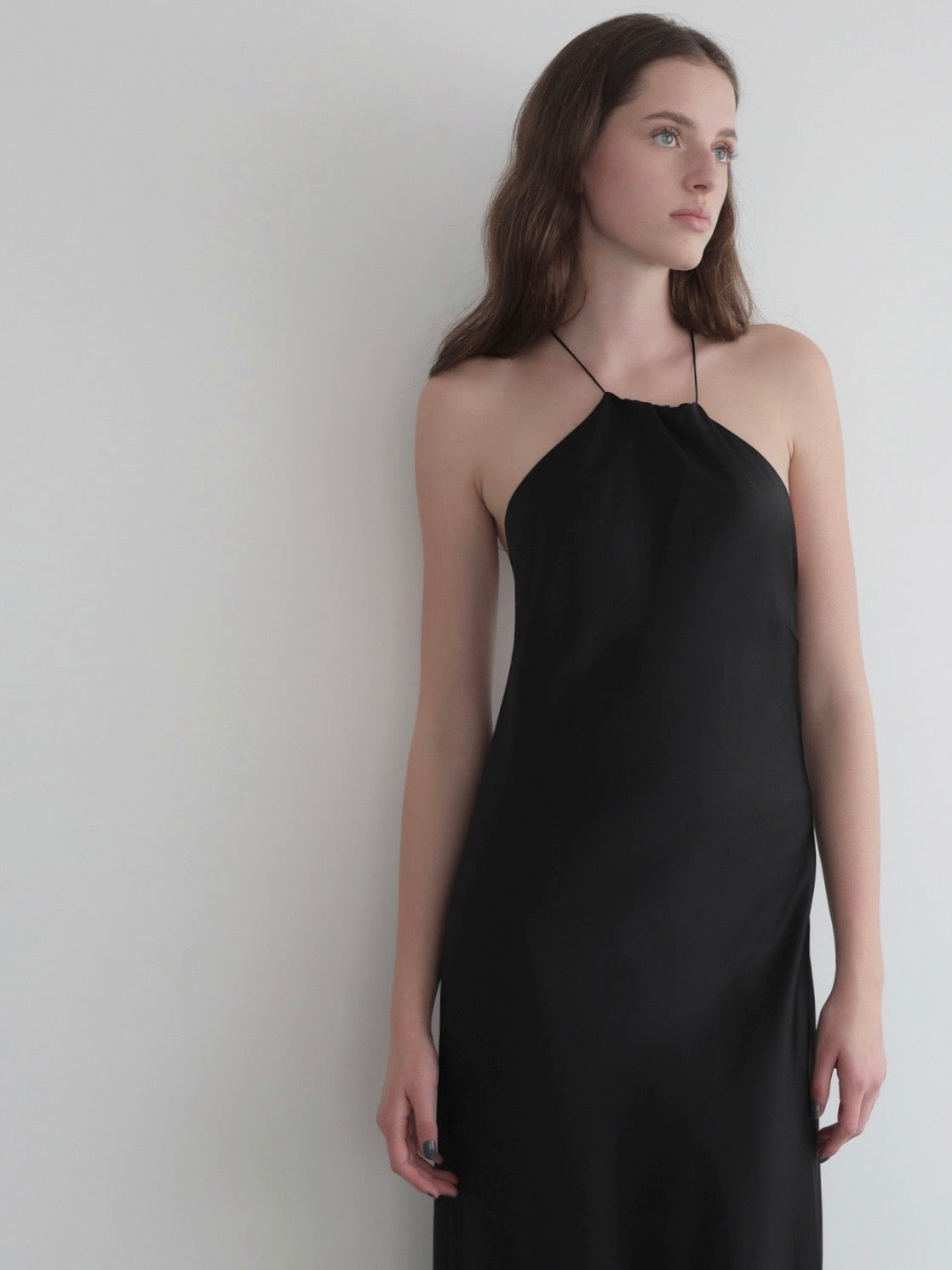 satin halter open back dress