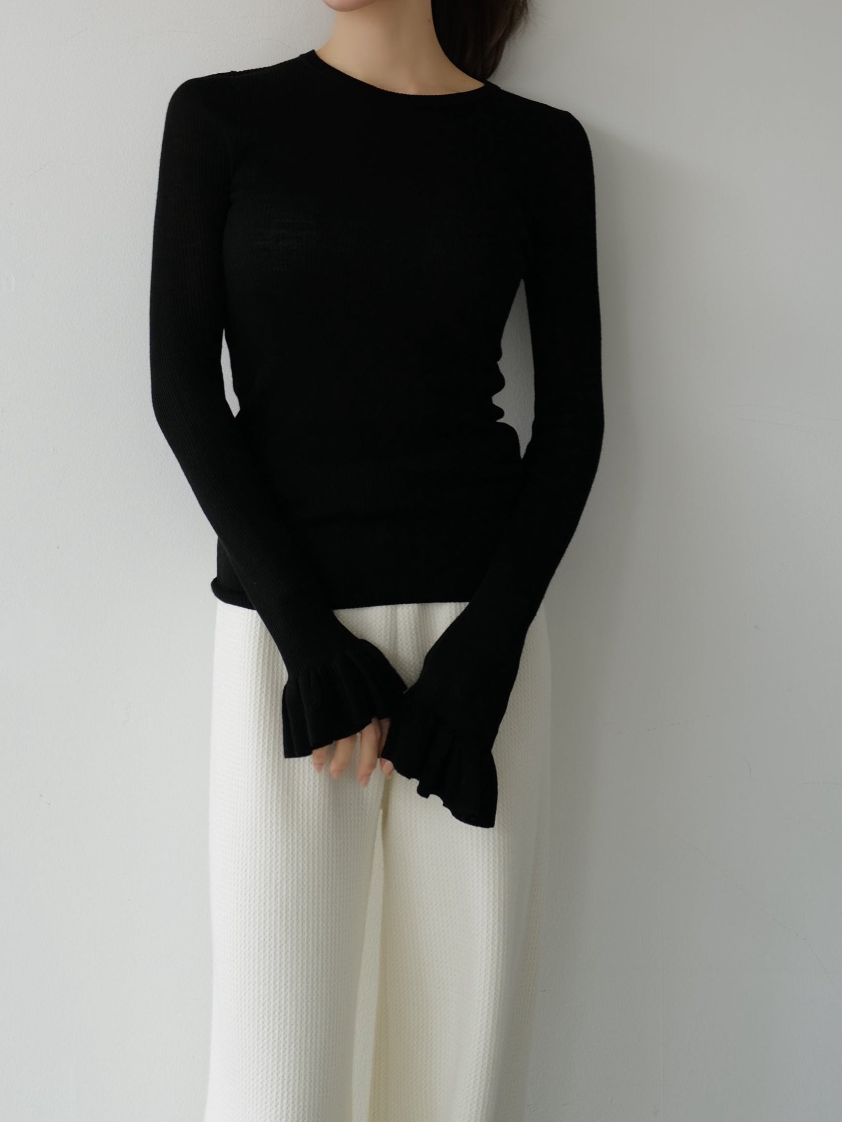 cashmere ribbed frill sleeve top