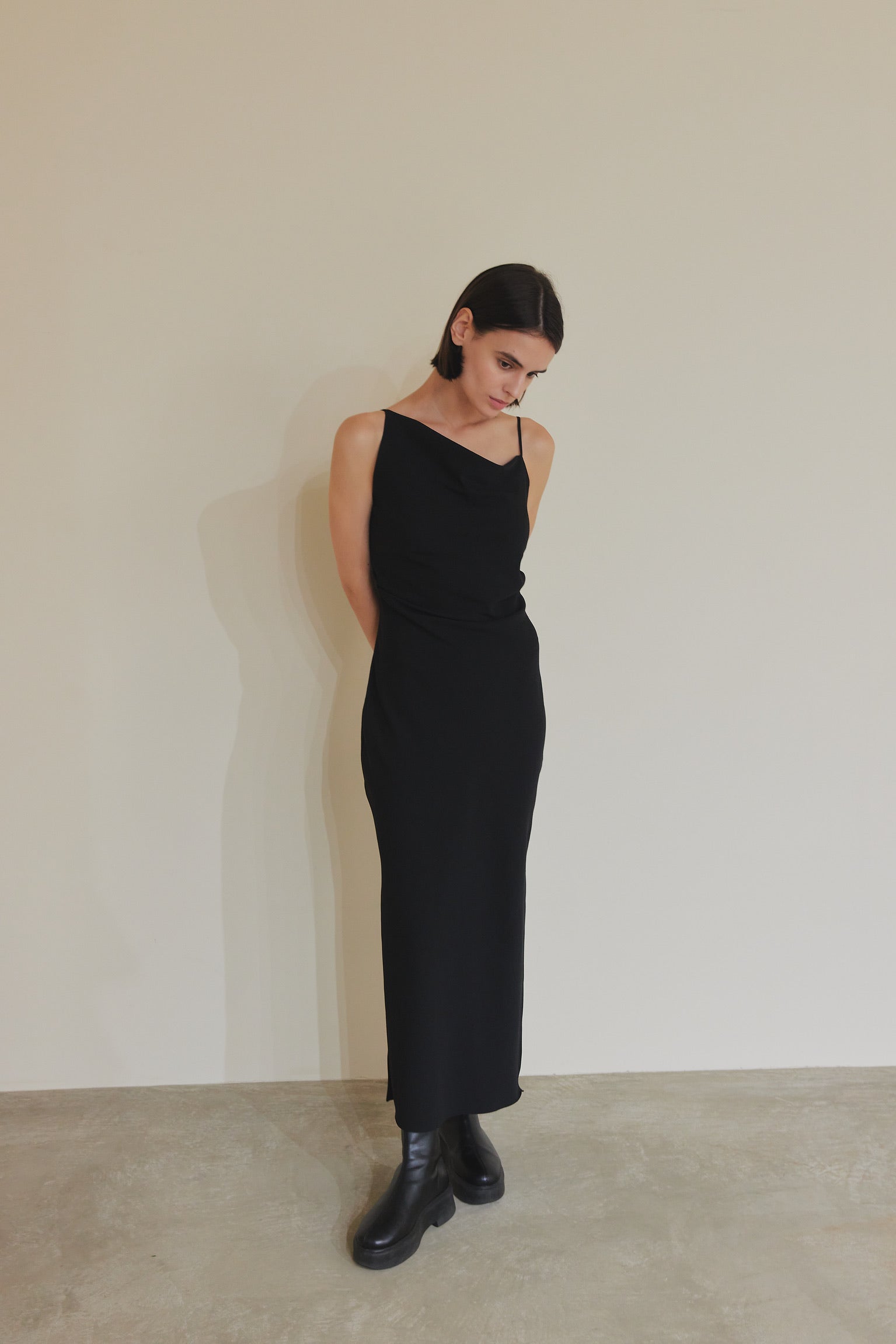 asymmetry drape cami dress – célon