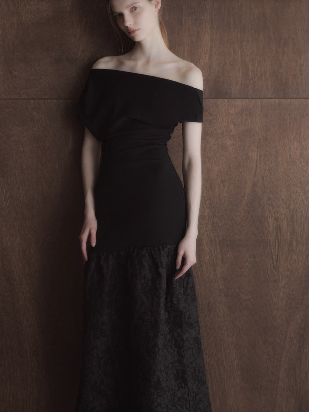 off-shoulder jacquard maxi dress – célon