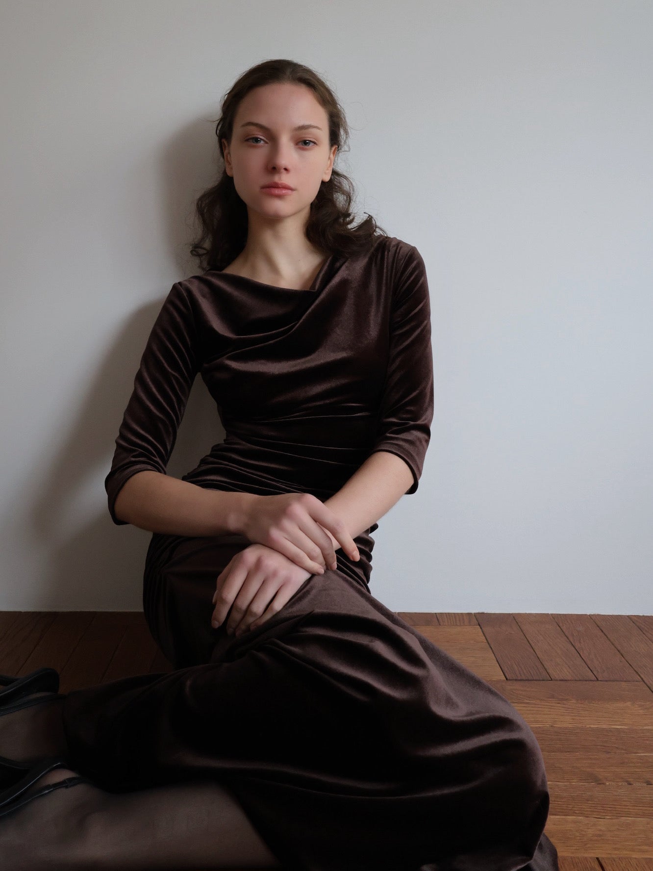 shirring drape velour dress