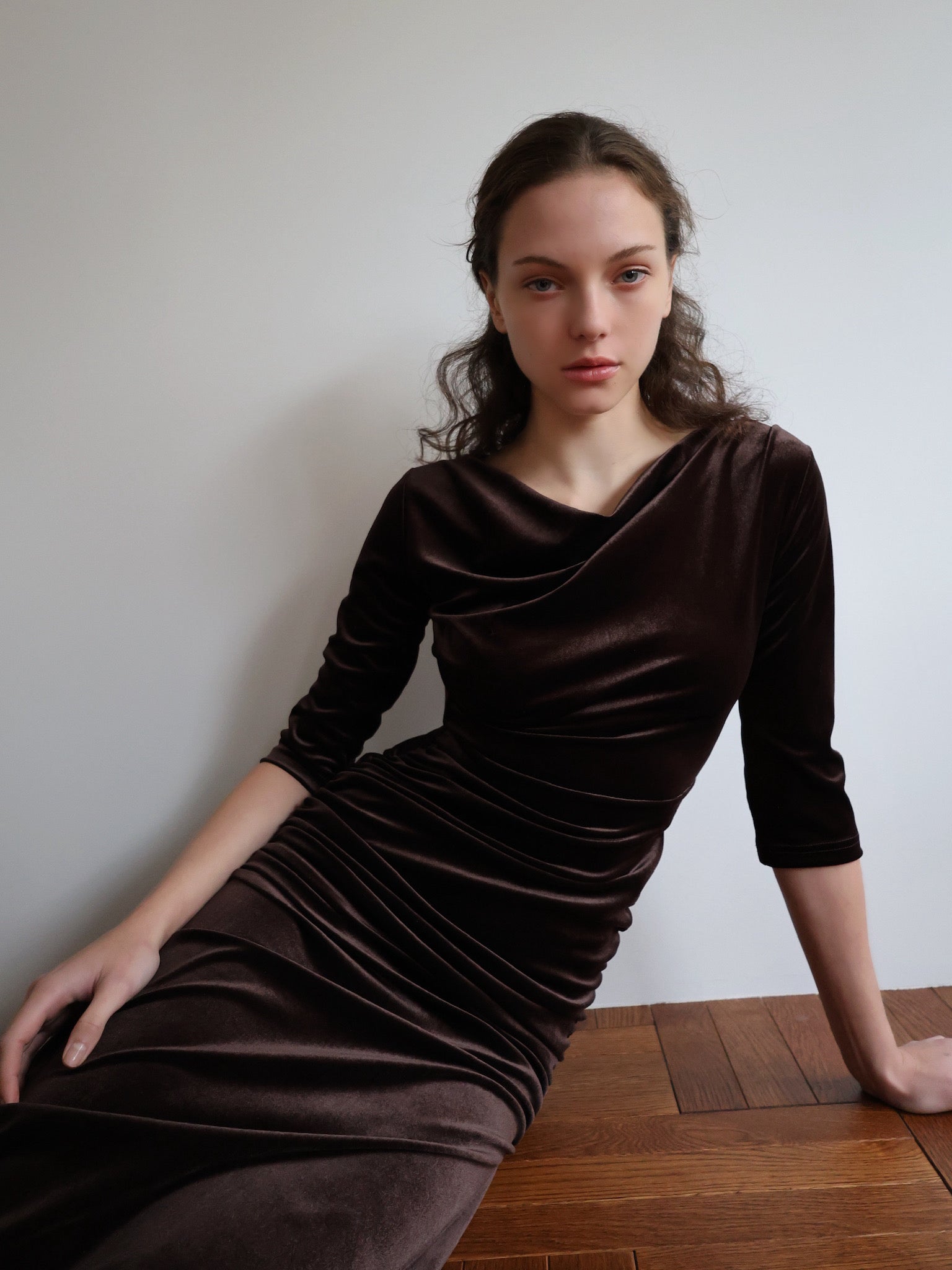 shirring drape velour dress