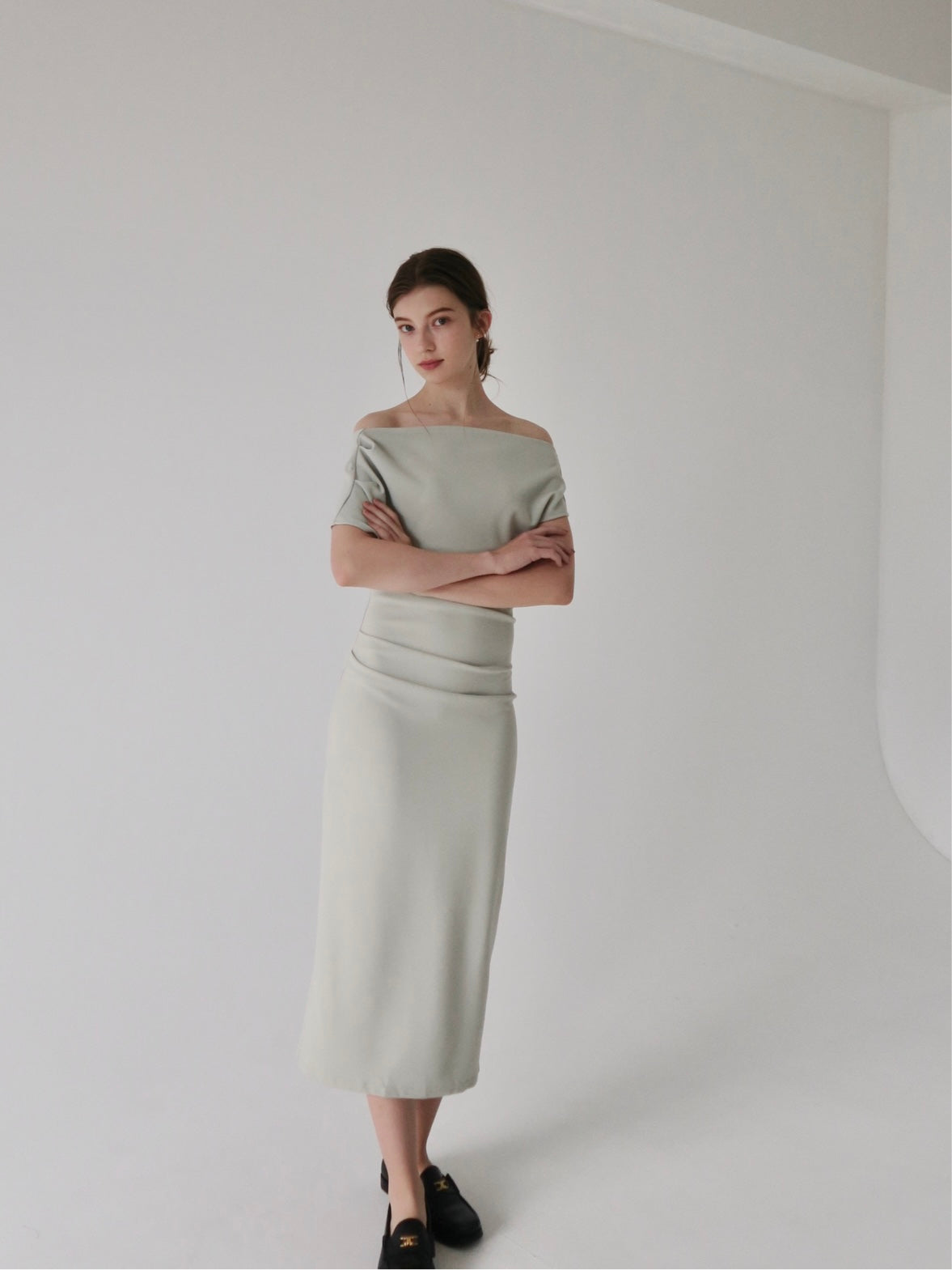 off shoulder drape dress – célon