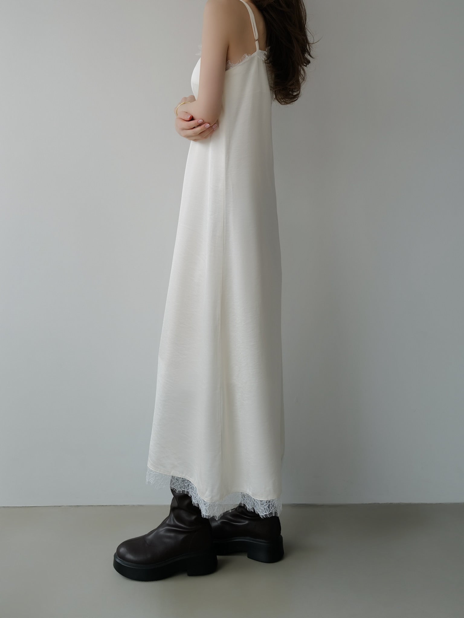 lace satin cami long dress