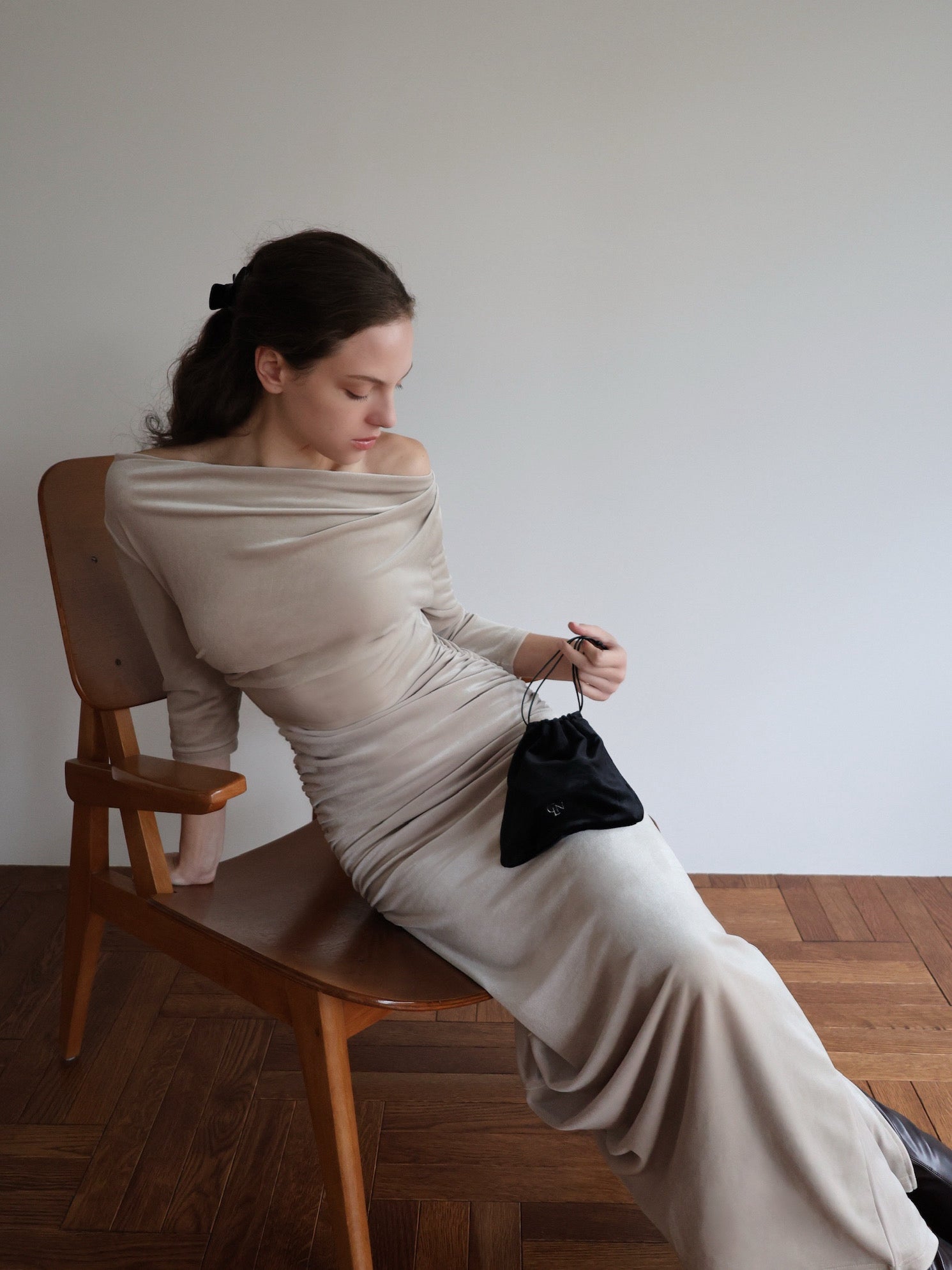 shirring drape velour dress