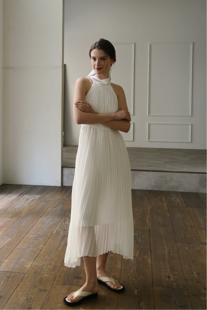 pleated halter maxi dress