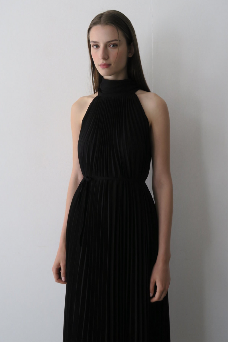 pleated halter maxi dress