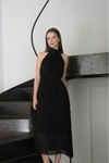 pleated halter maxi dress