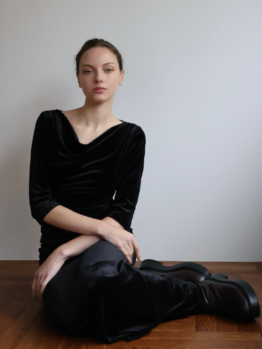 shirring drape velour dress