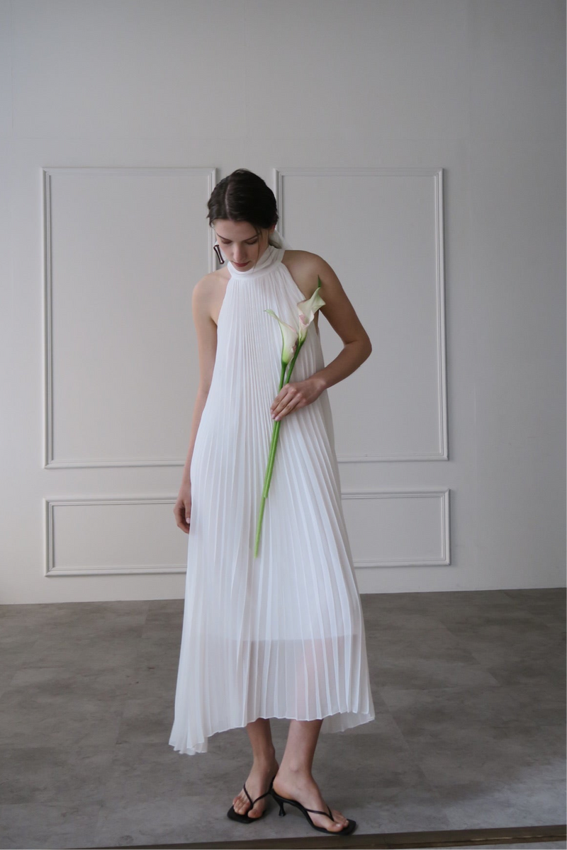 pleated halter maxi dress
