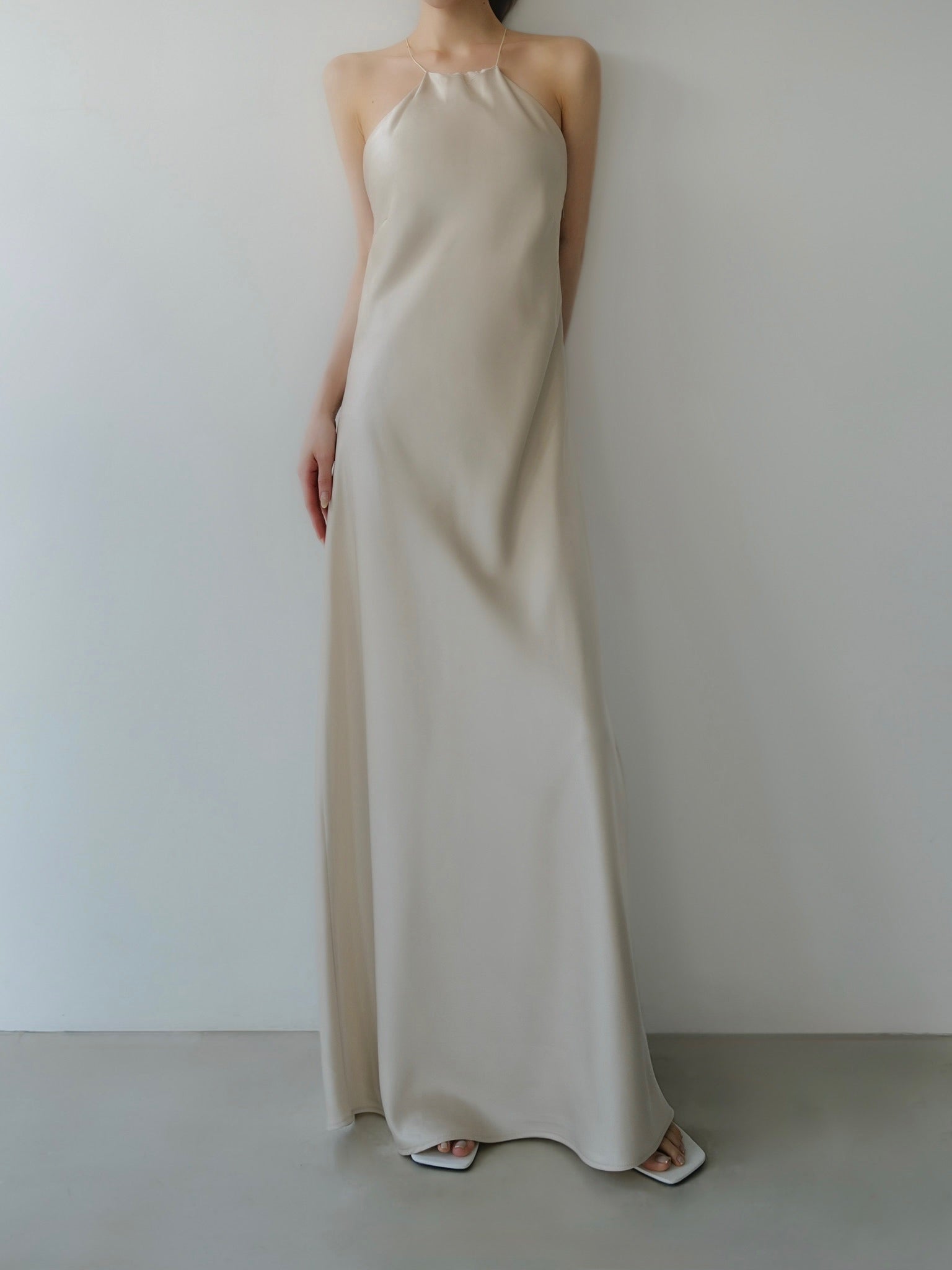 satin halter open back dress