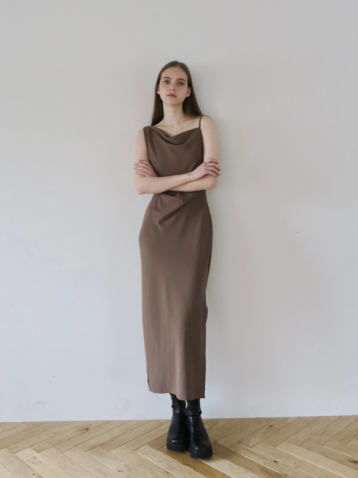 asymmetry drape cami dress – célon