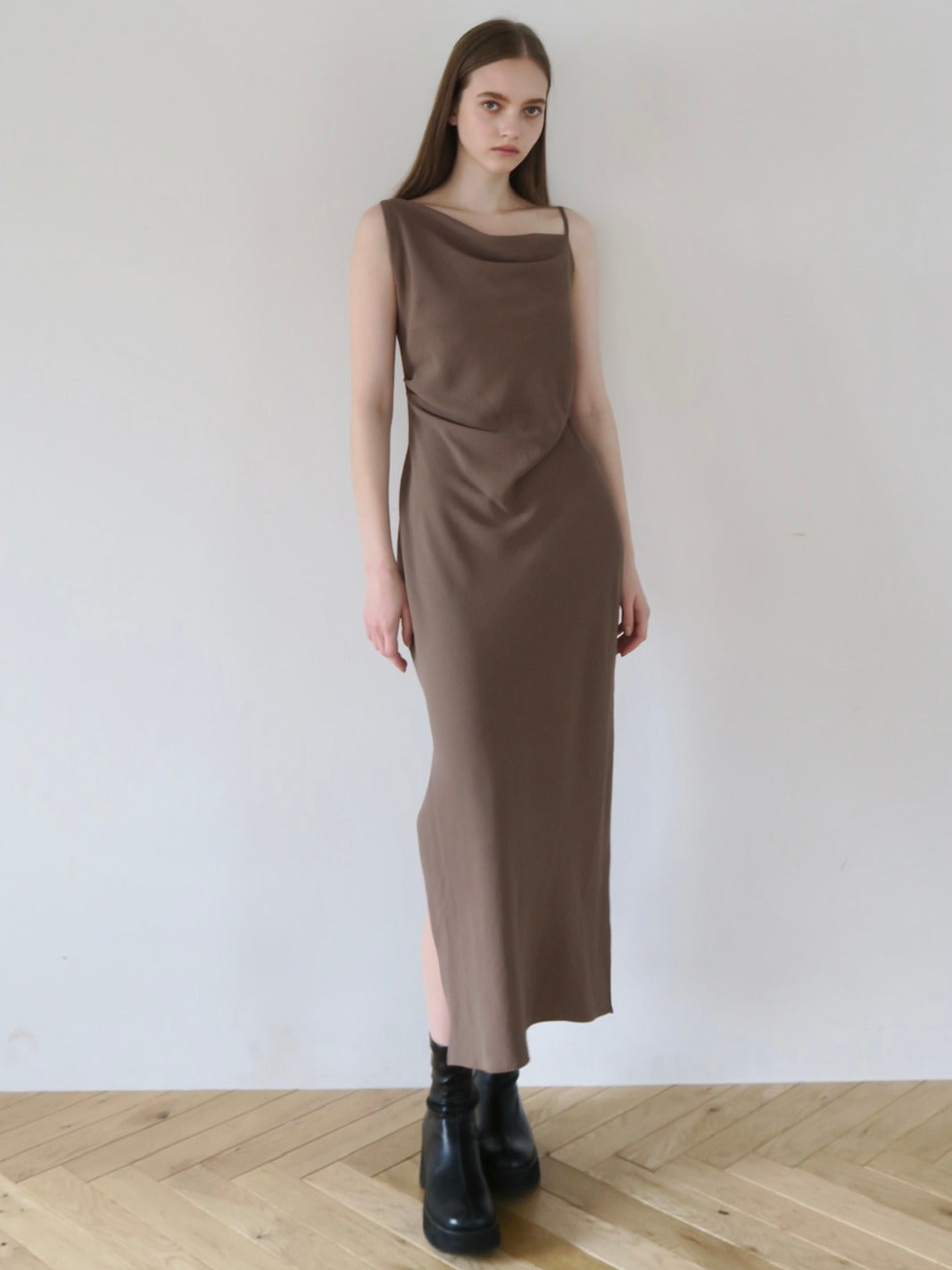 asymmetry drape cami dress – célon