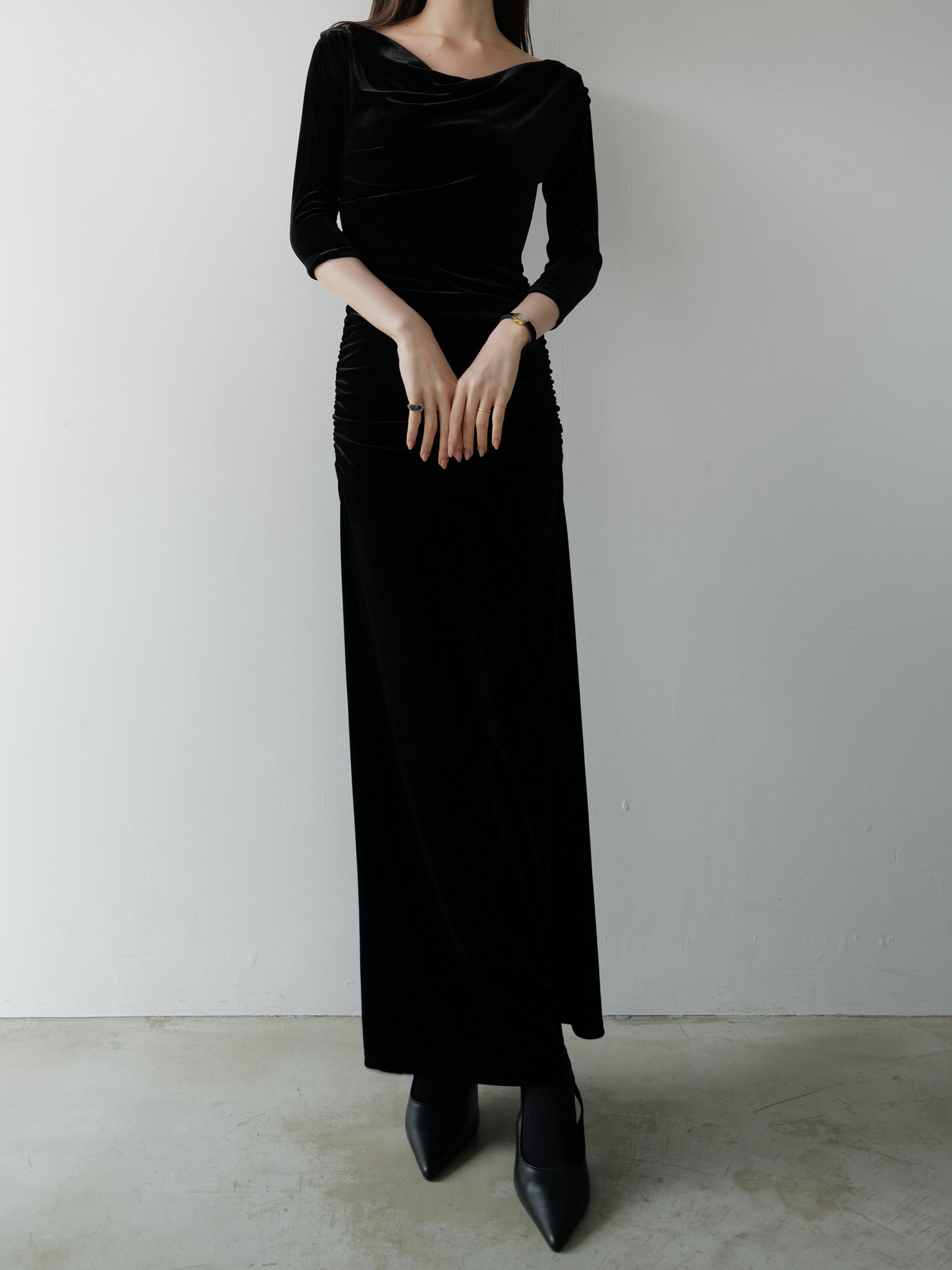 shirring drape velour dress – célon