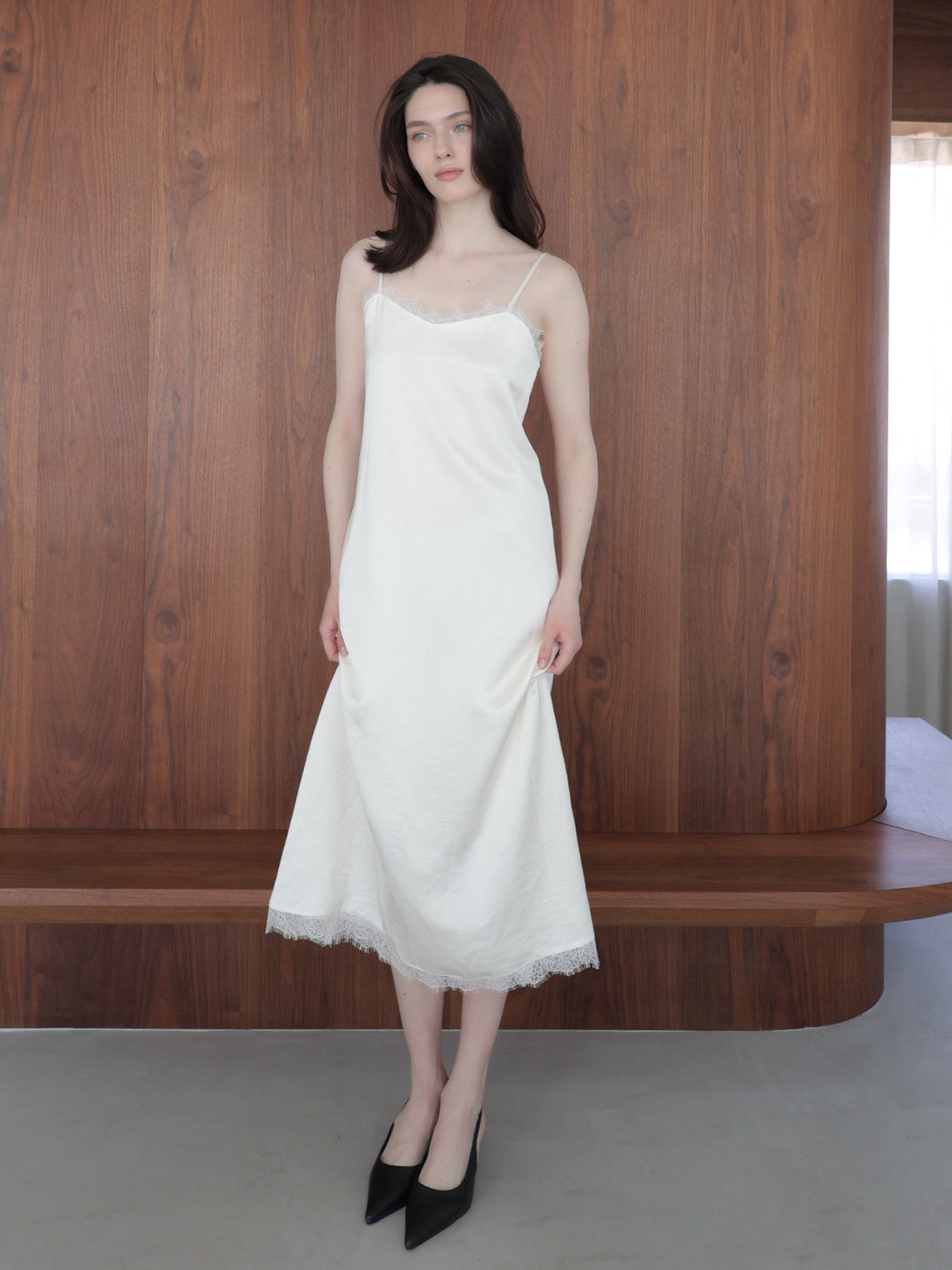 lace satin cami long dress