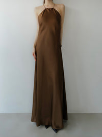 satin halter open back dress