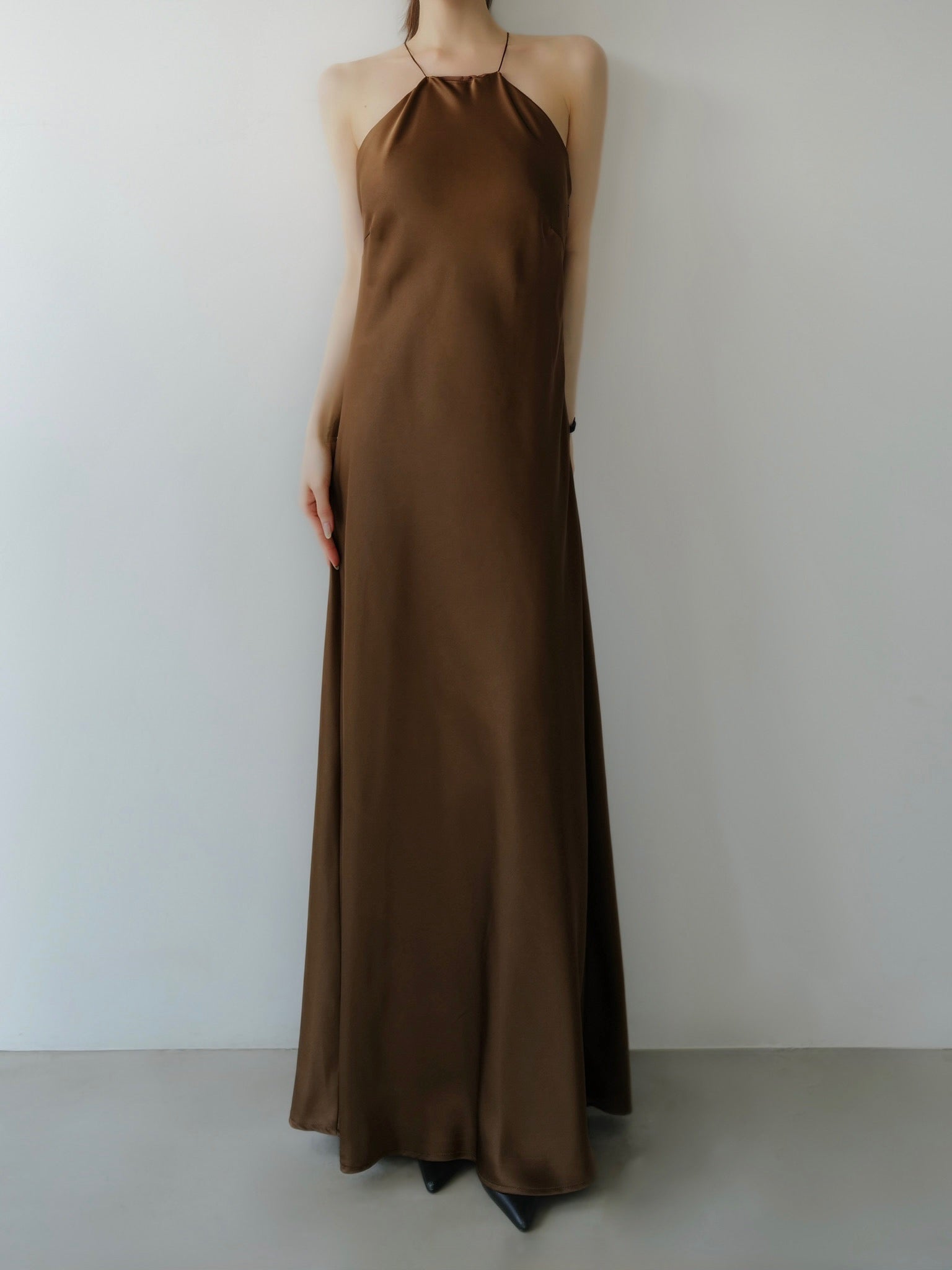 satin halter open back dress