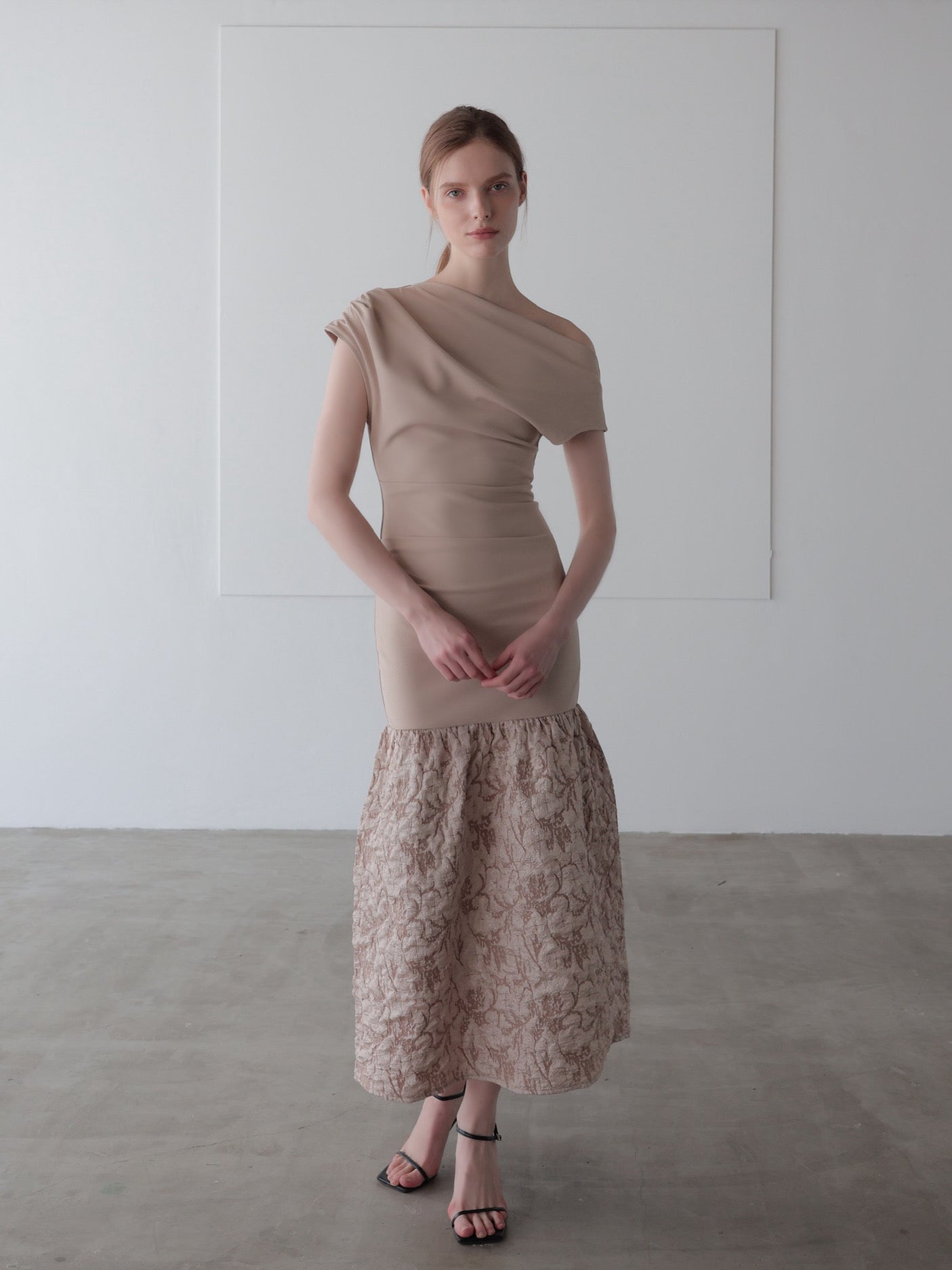 off-shoulder jacquard maxi dress