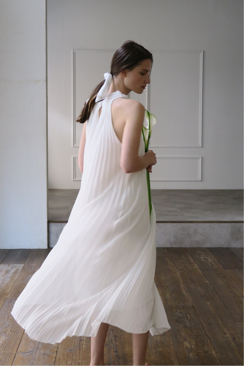 pleated halter maxi dress