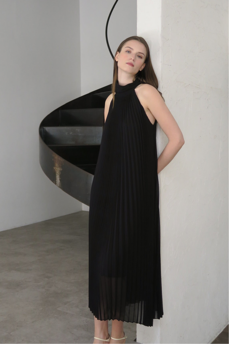 pleated halter maxi dress