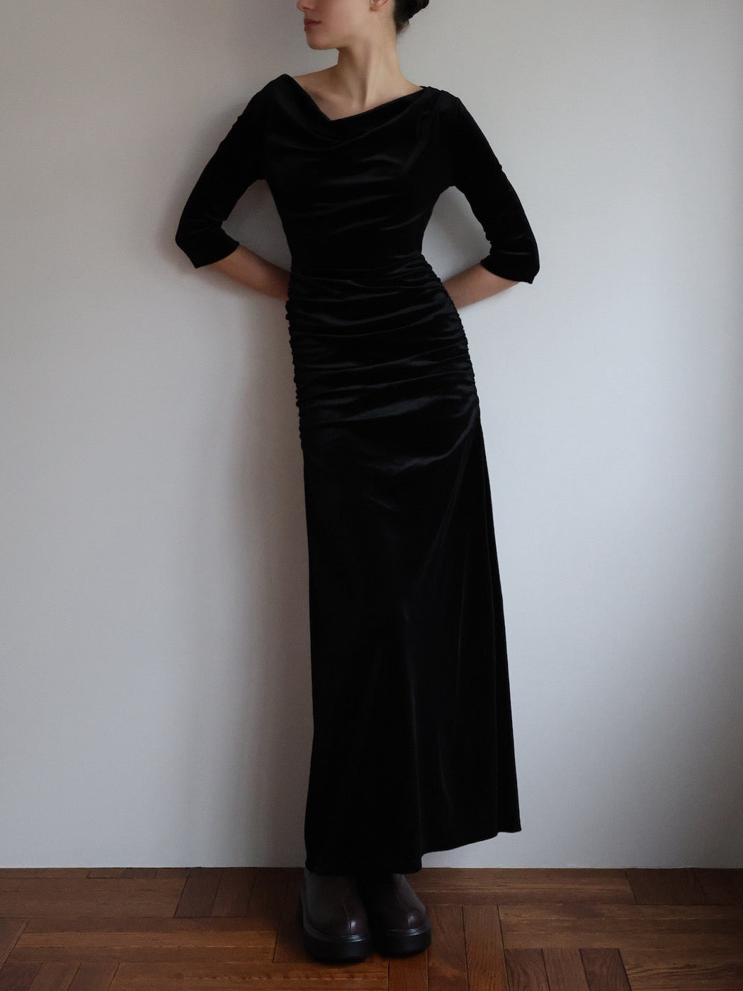 shirring drape velour dress