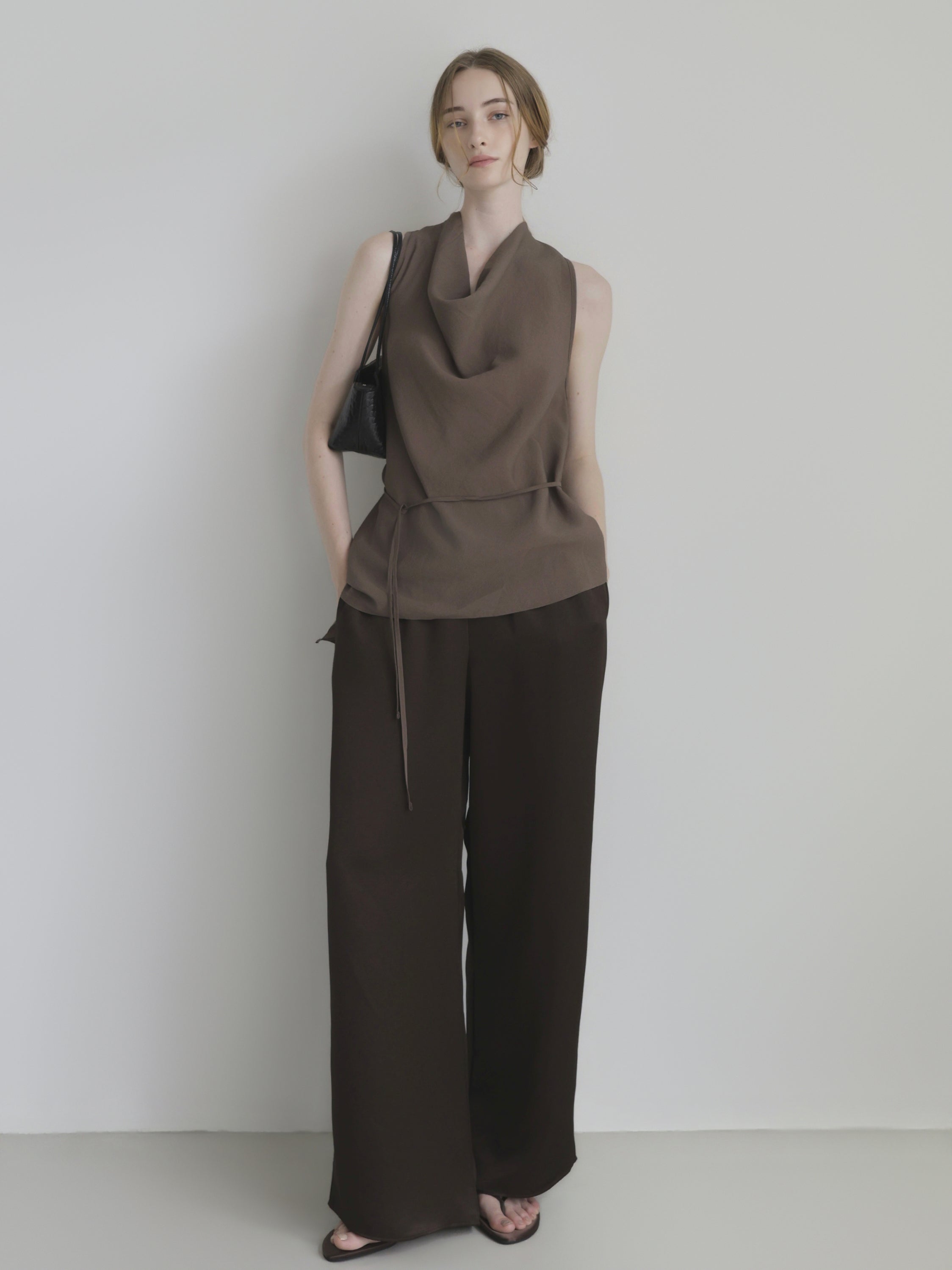 draped neck waist ribbon blouse