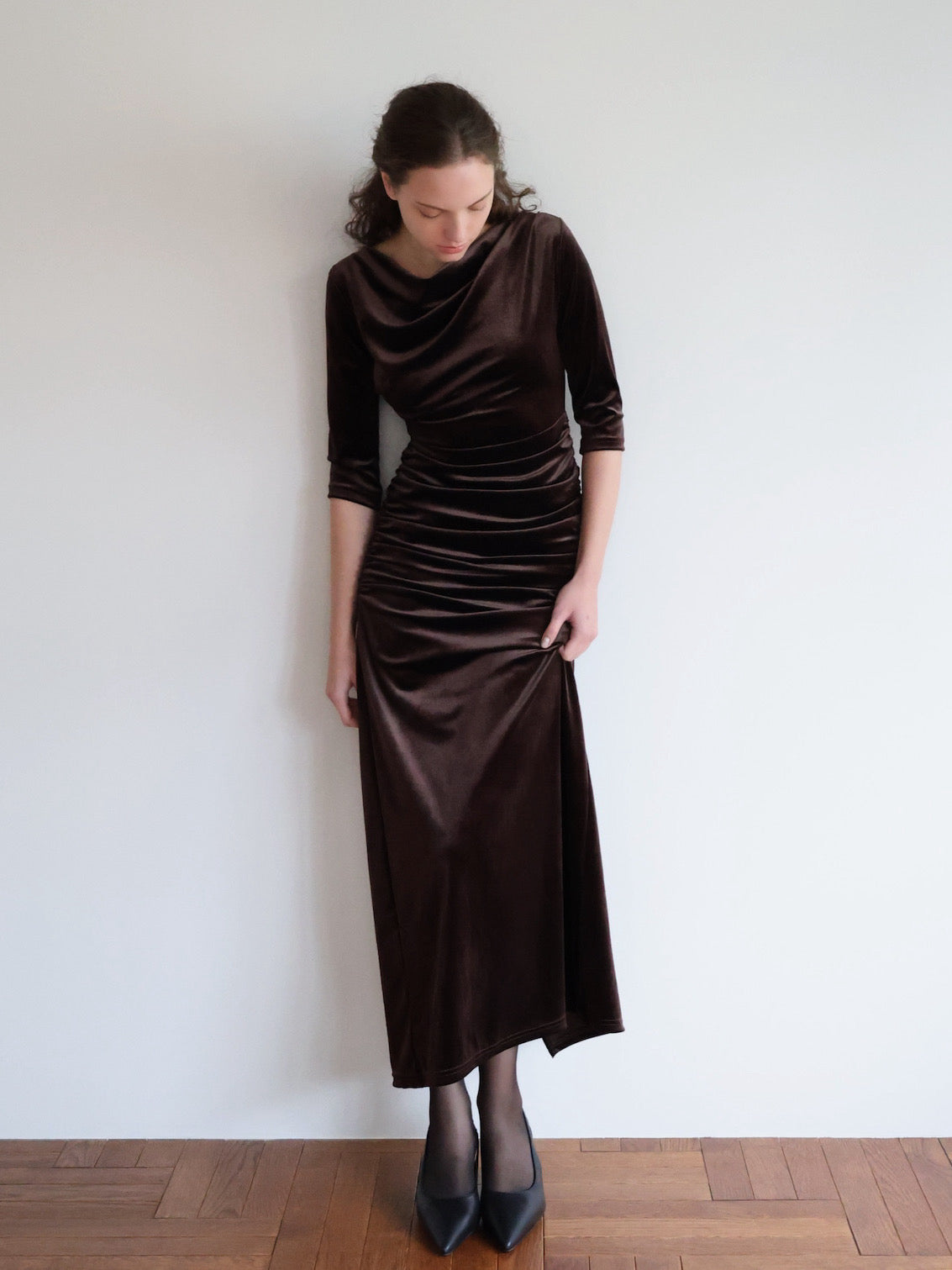 shirring drape velour dress