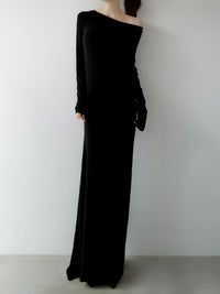 silky fitted off shoulder long dress