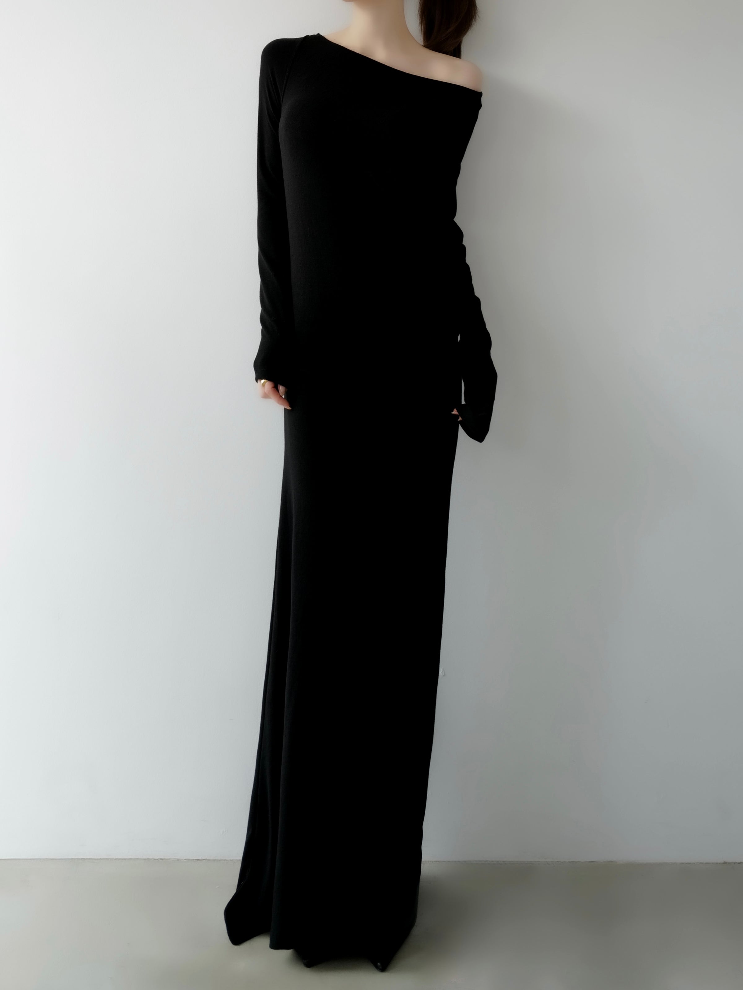 silky fitted off shoulder long dress
