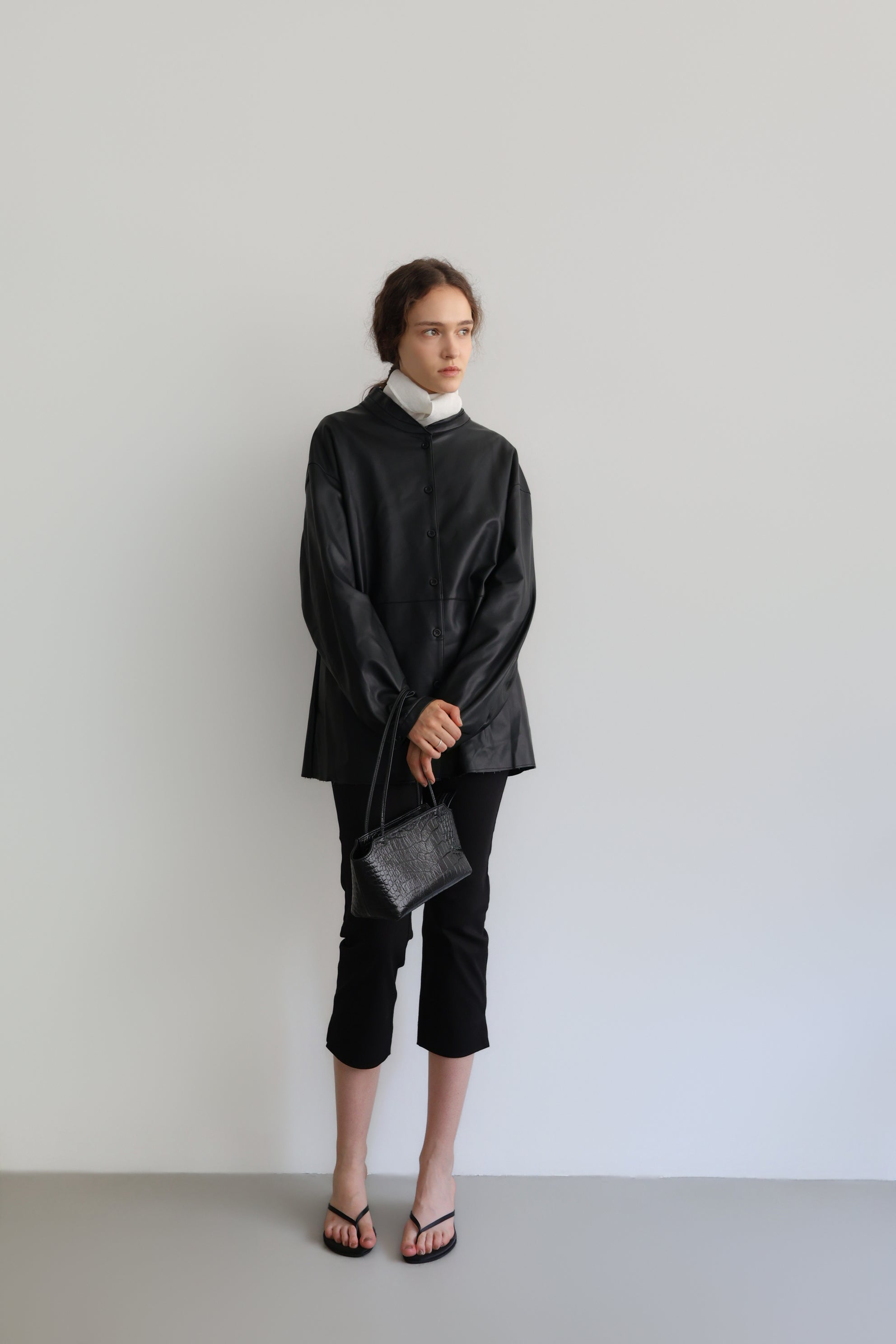 collarless leather jacket