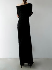 silky fitted off shoulder long dress