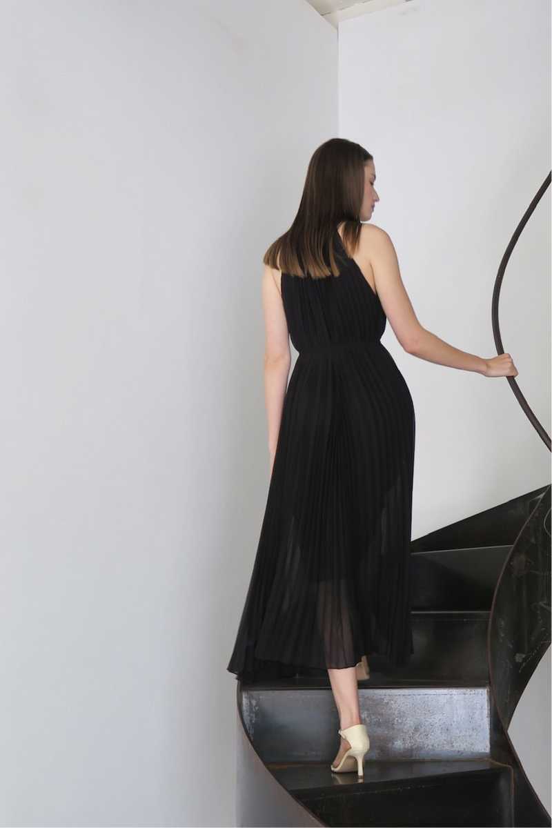 pleated halter maxi dress