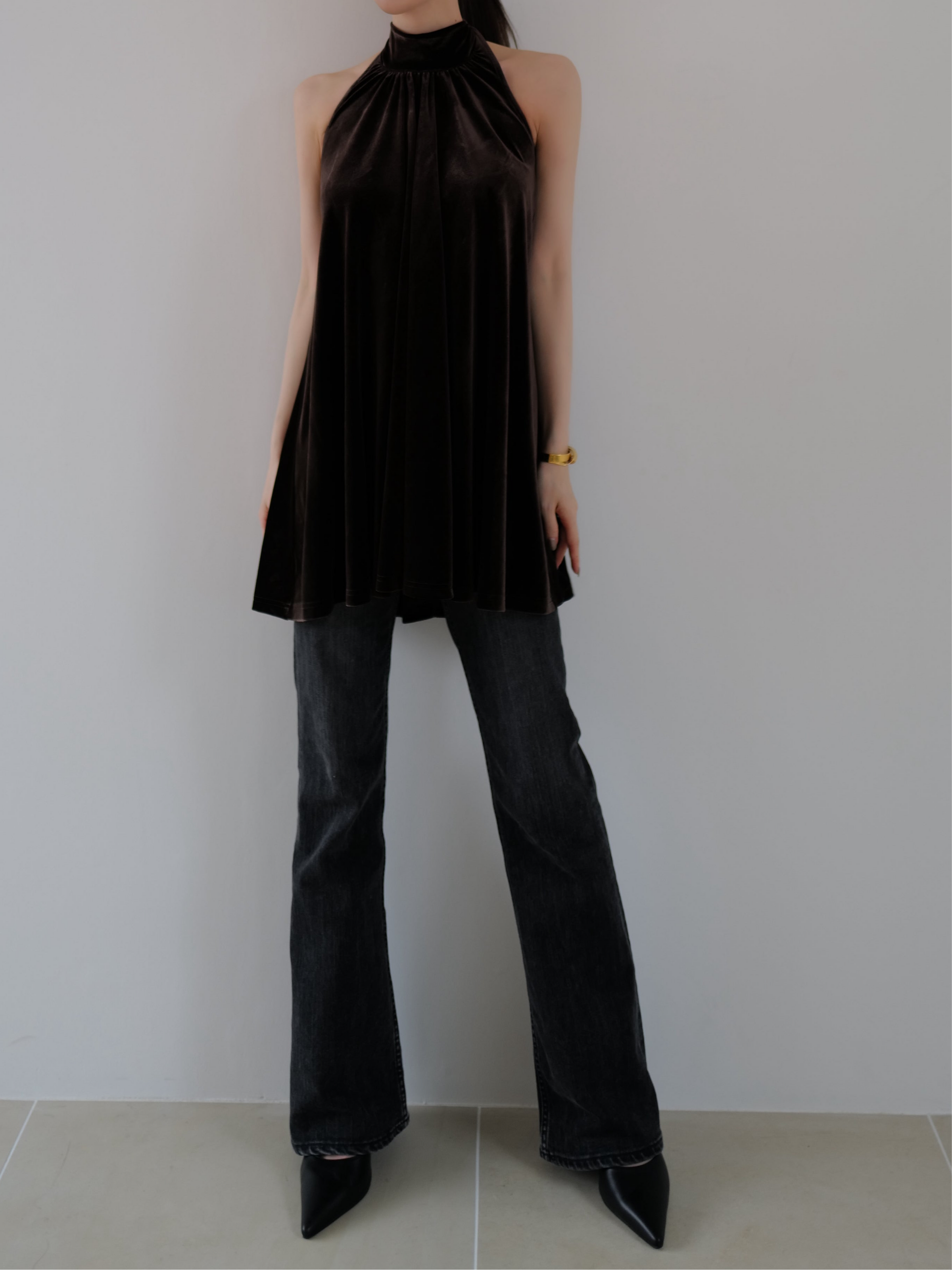 velour back open tie blouse