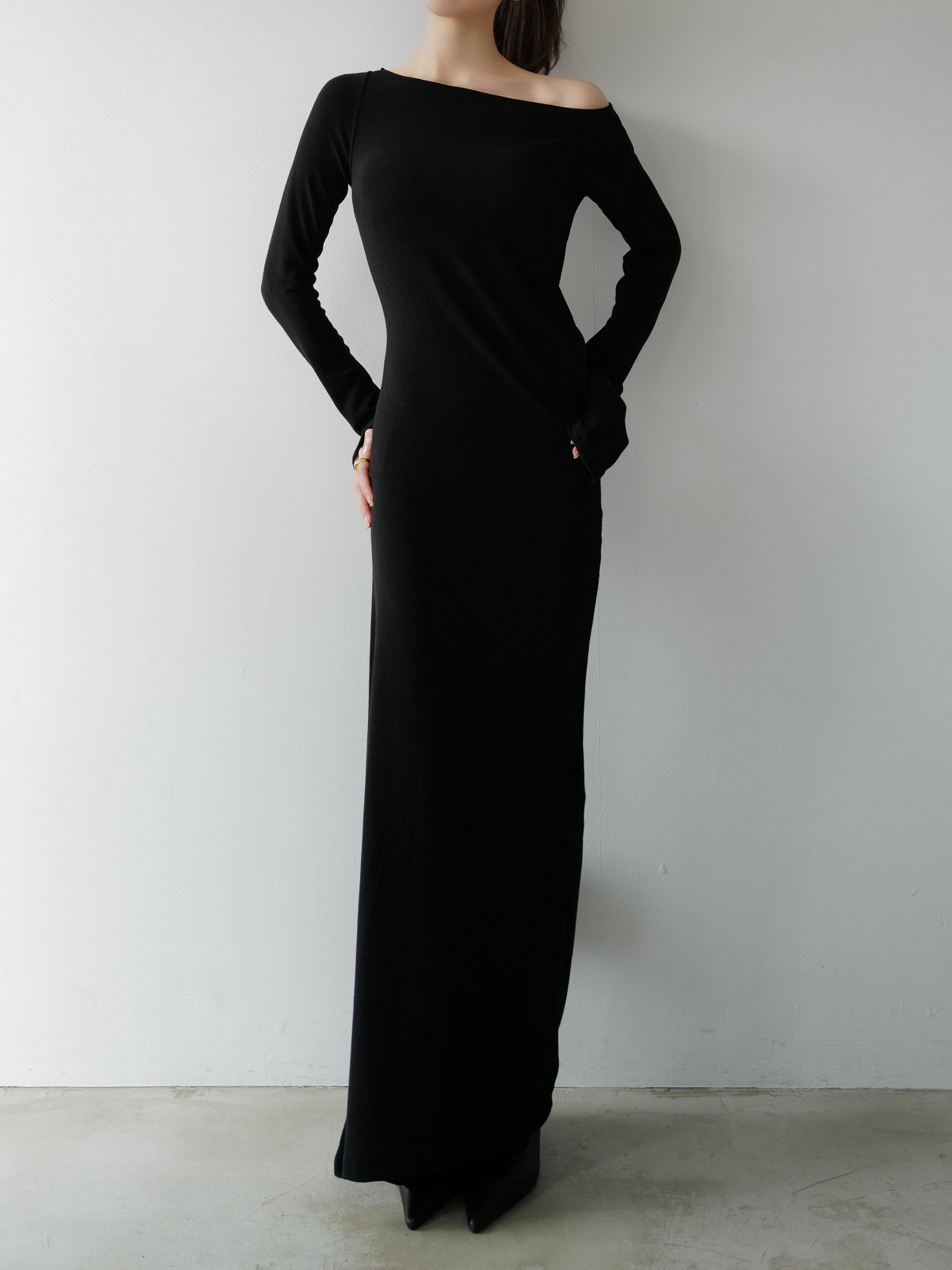 silky fitted off shoulder long dress