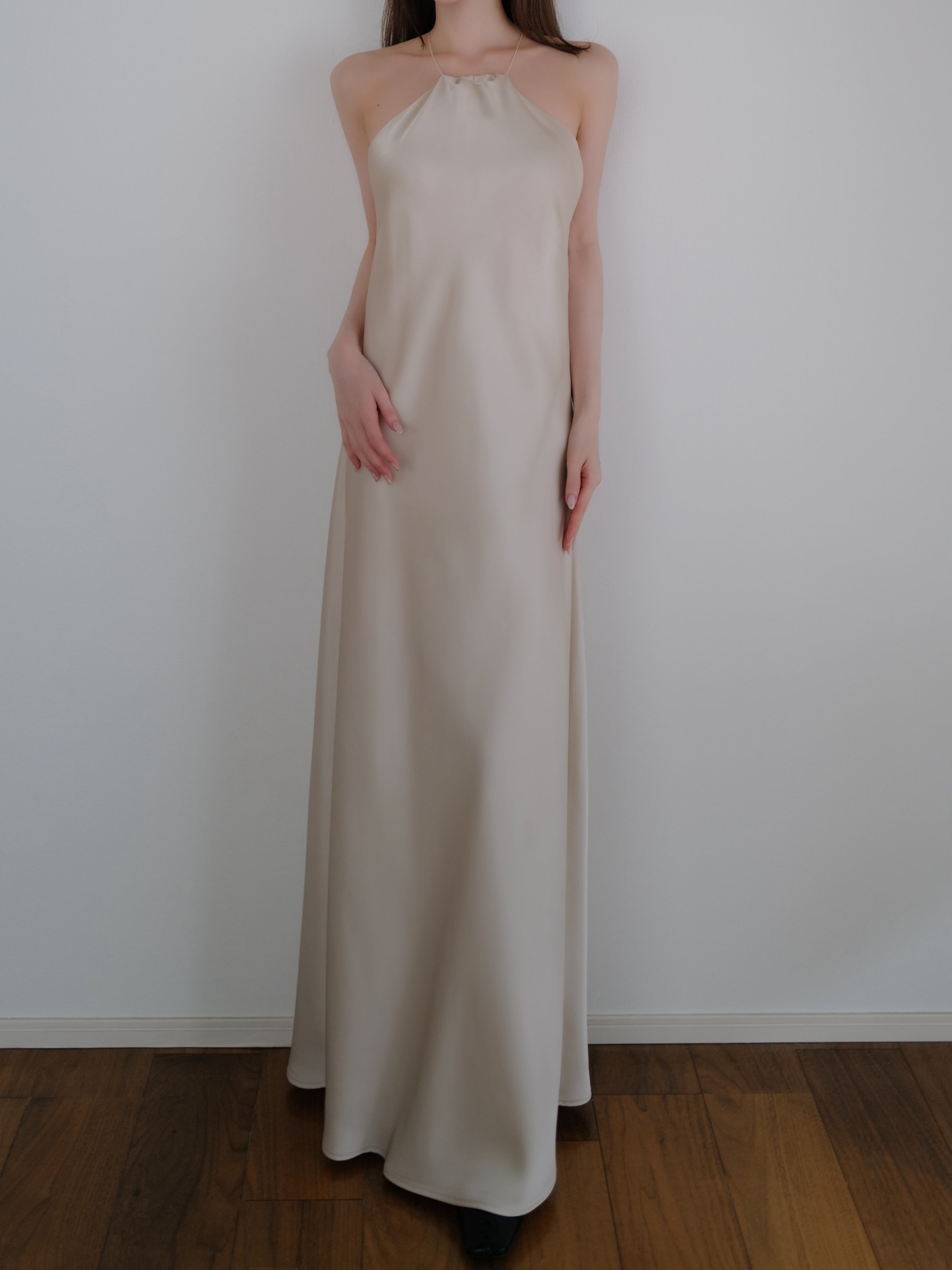 satin halter open back dress