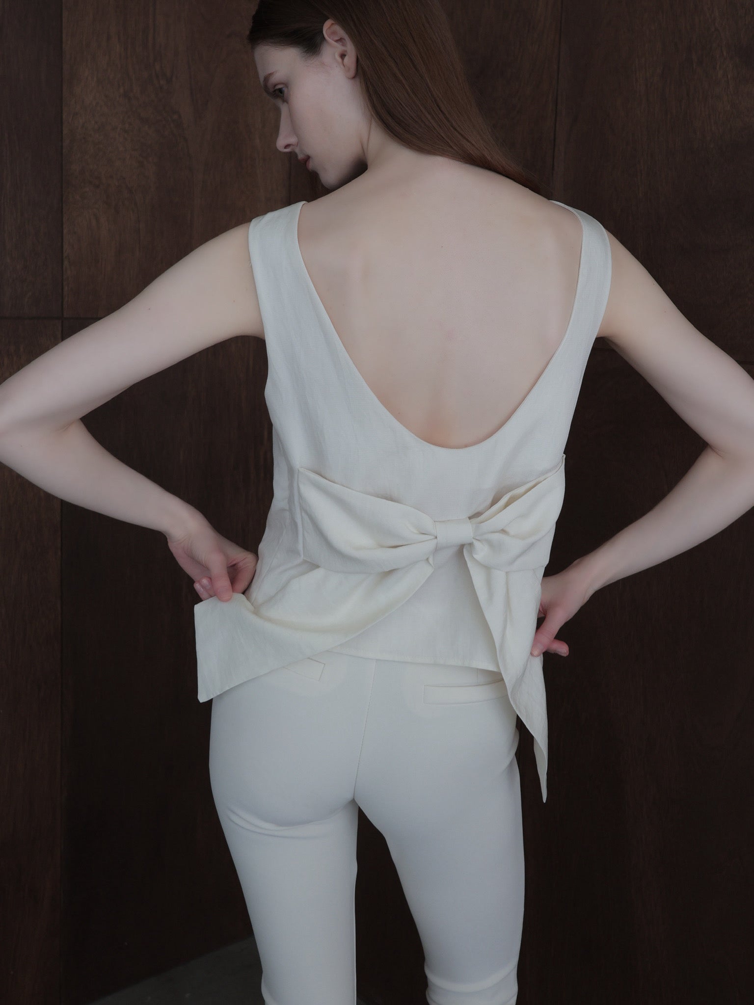back ribbon linen blouse